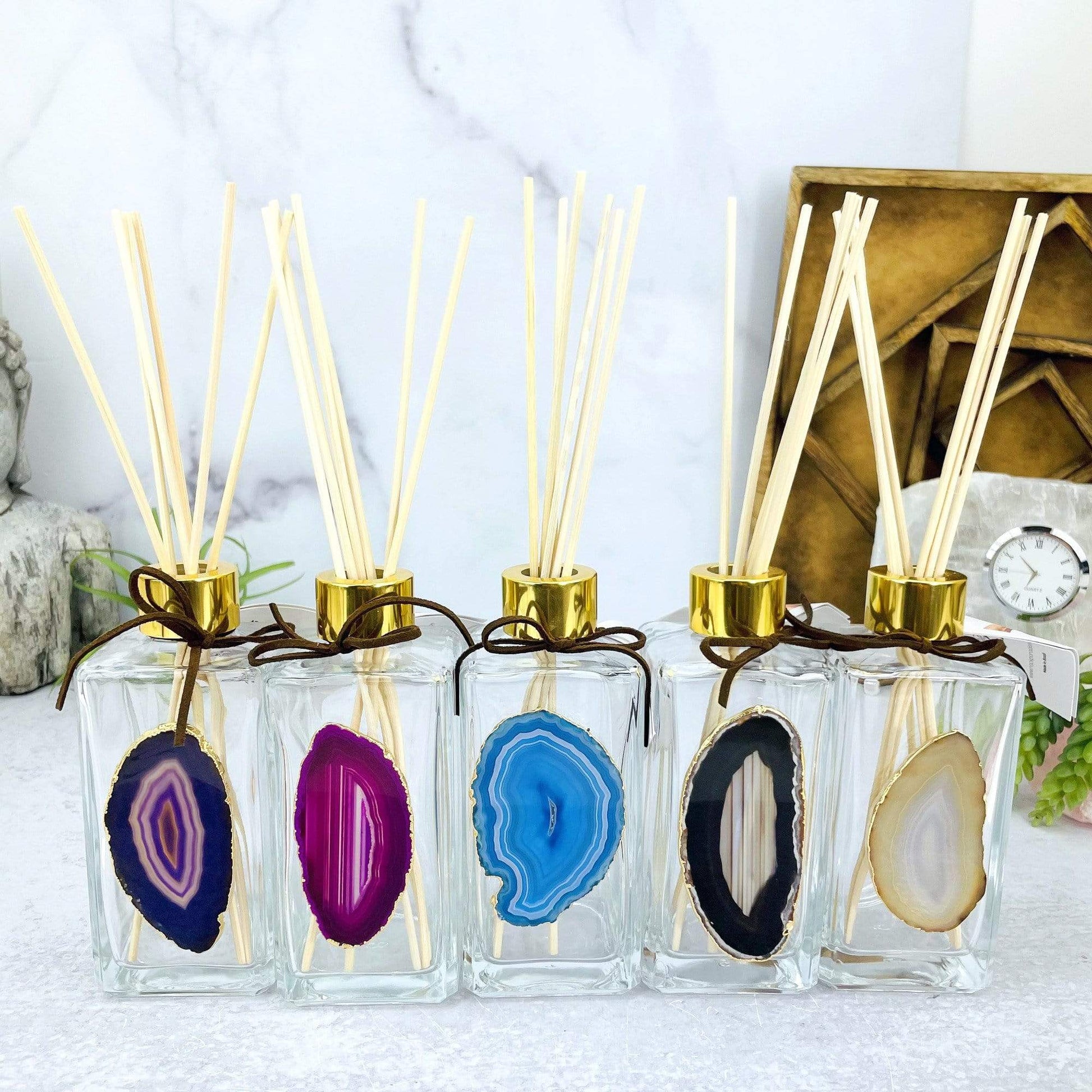 This Picture is showing all of the variety we have available for our  Agate Slice Diffuser Bottles.