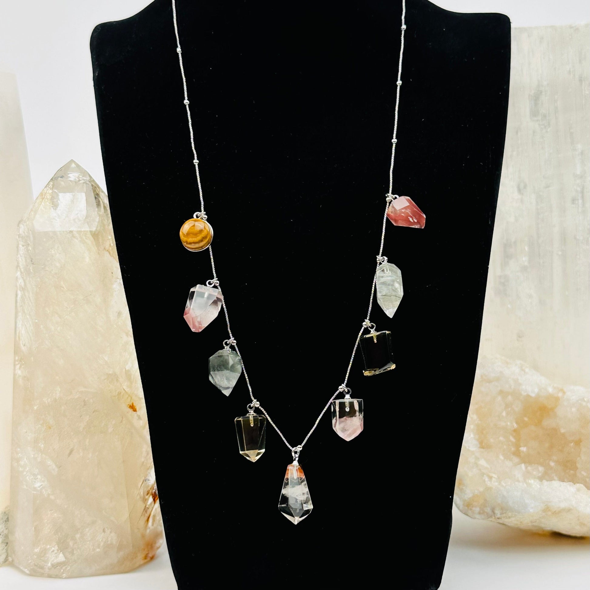 lodolite crystal necklace displayed to show how it hangs 