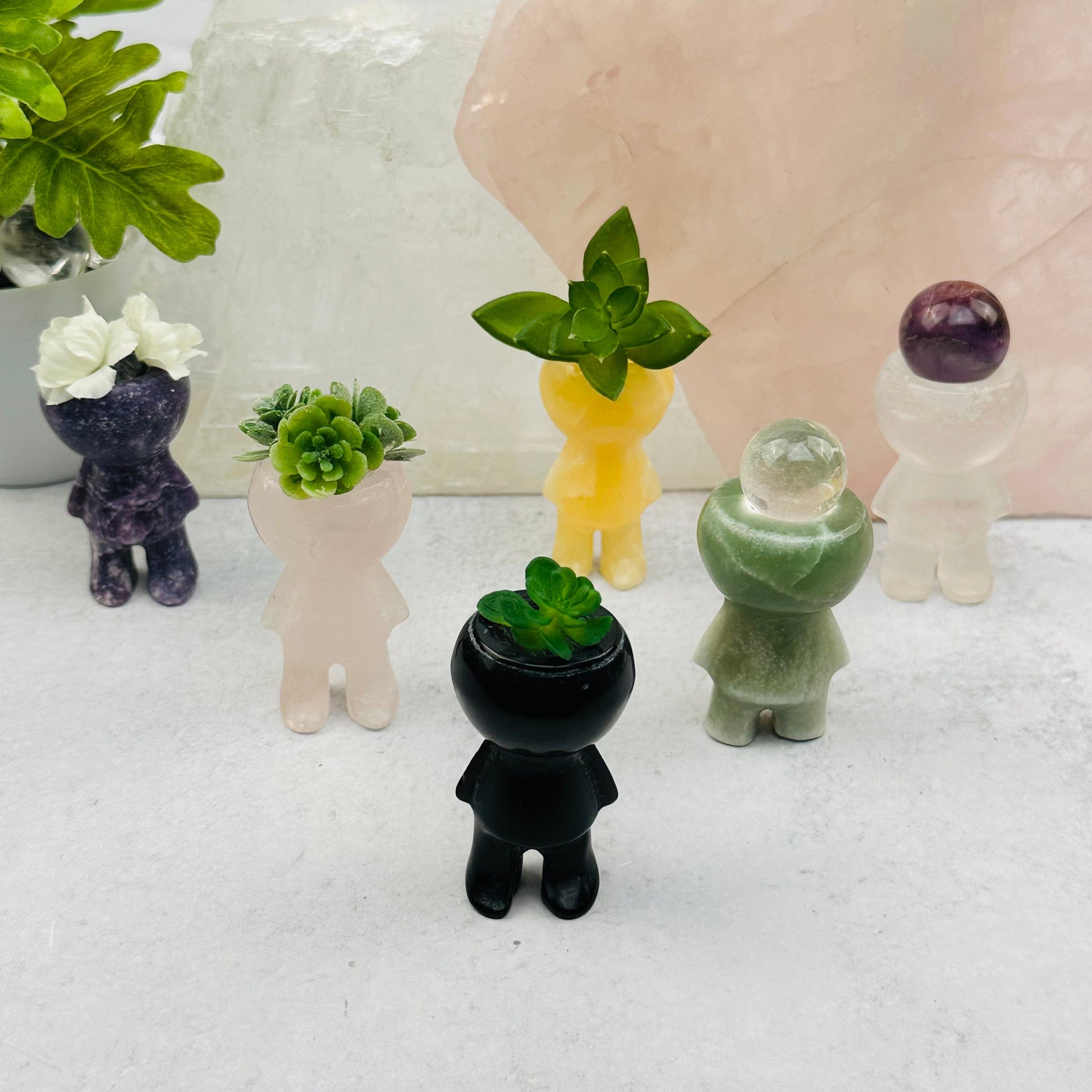 Carved Gemstone Mini Plant Holder - You Choose Stone - displayed as home decor 