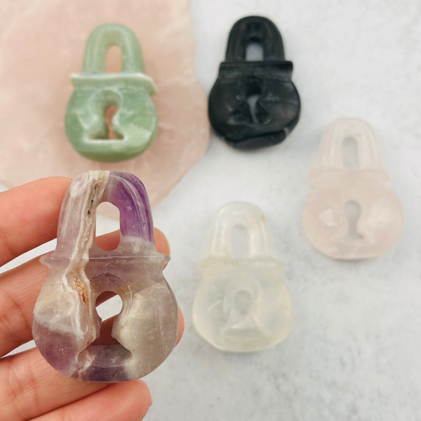 close up of the details on this amethyst gemstone lock