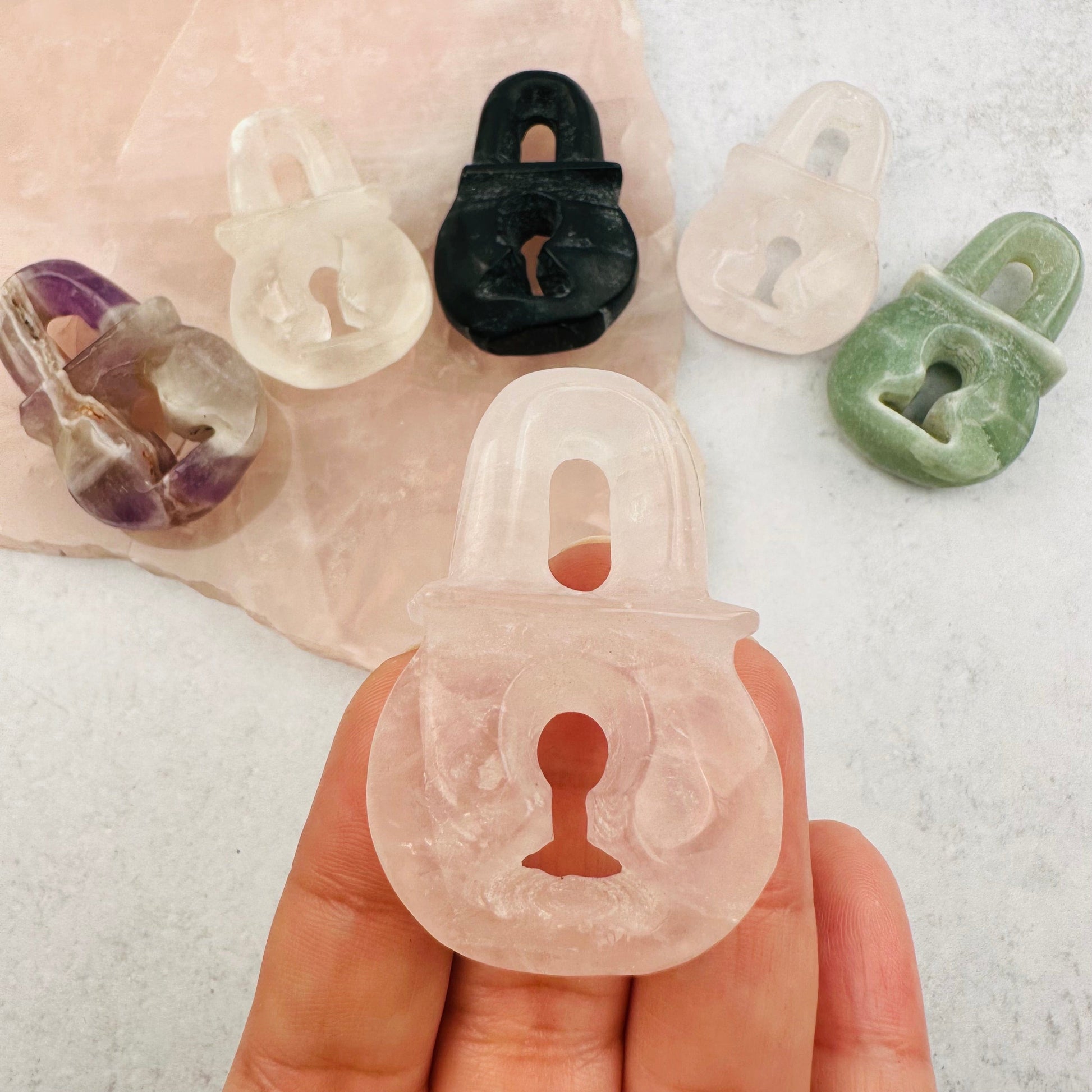 close up of the details on this rose quartz lock