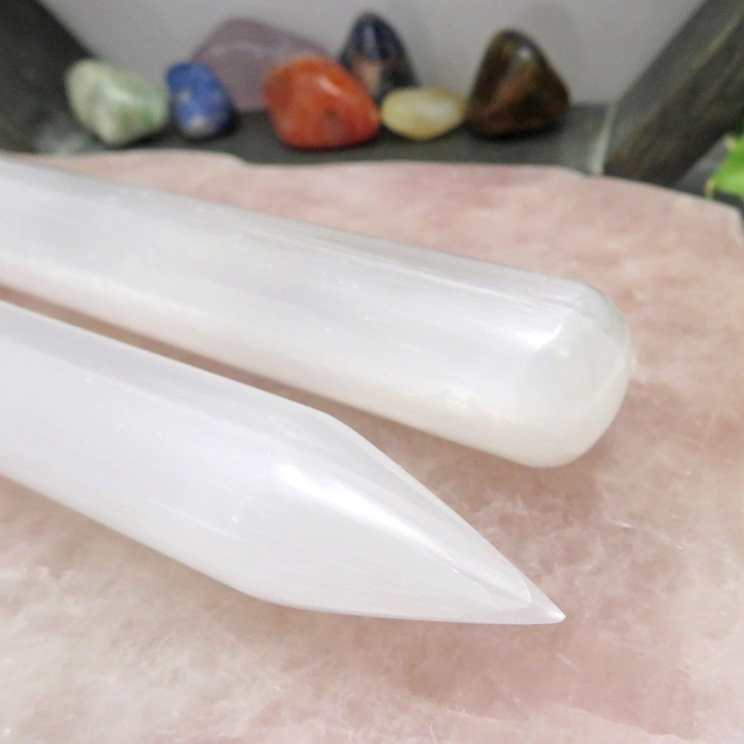 close up of ends of selenite wand point for details