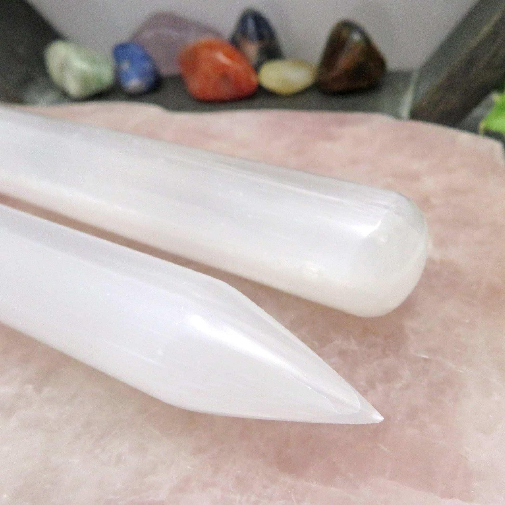 close up of ends of selenite wand point for details
