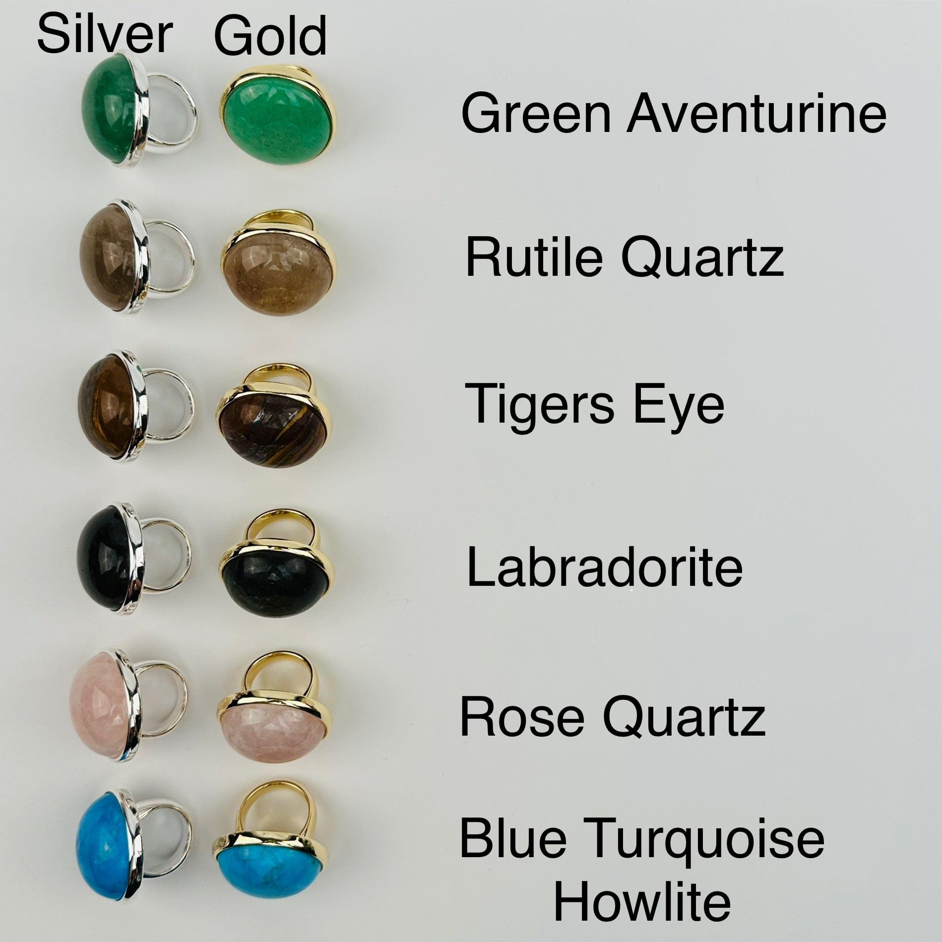 rings displayed next to their crystal name 
