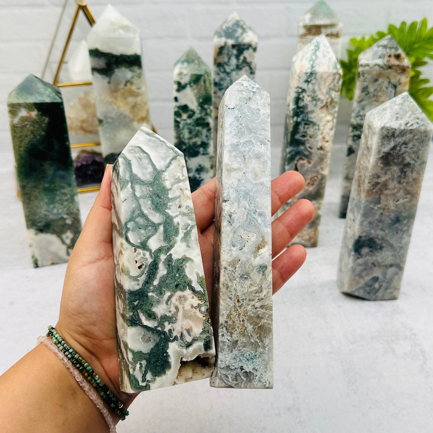 Moss Agate Obelisk Crystal Point - By Weight -