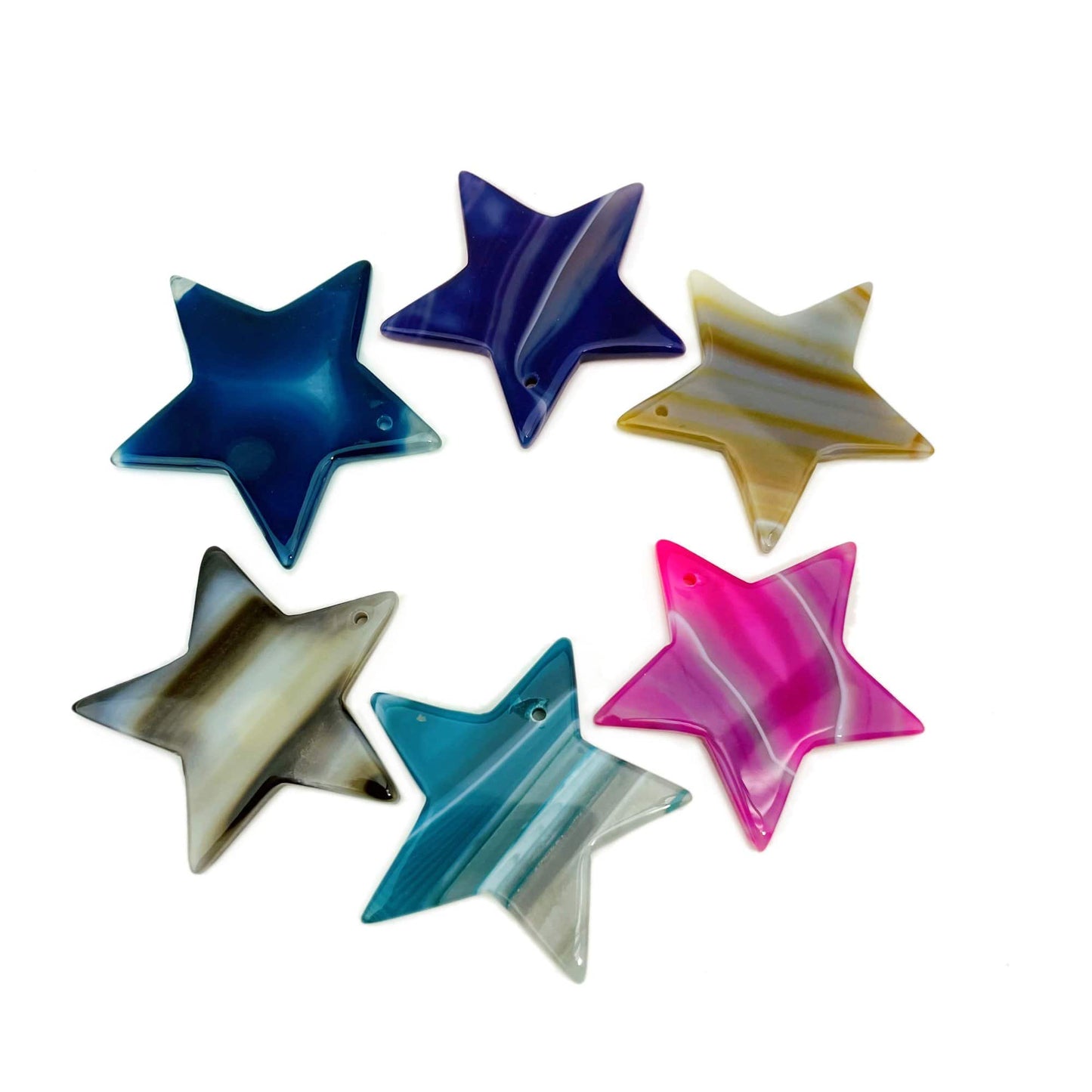 6 Different Color Drilled Agate Star on White Background.
