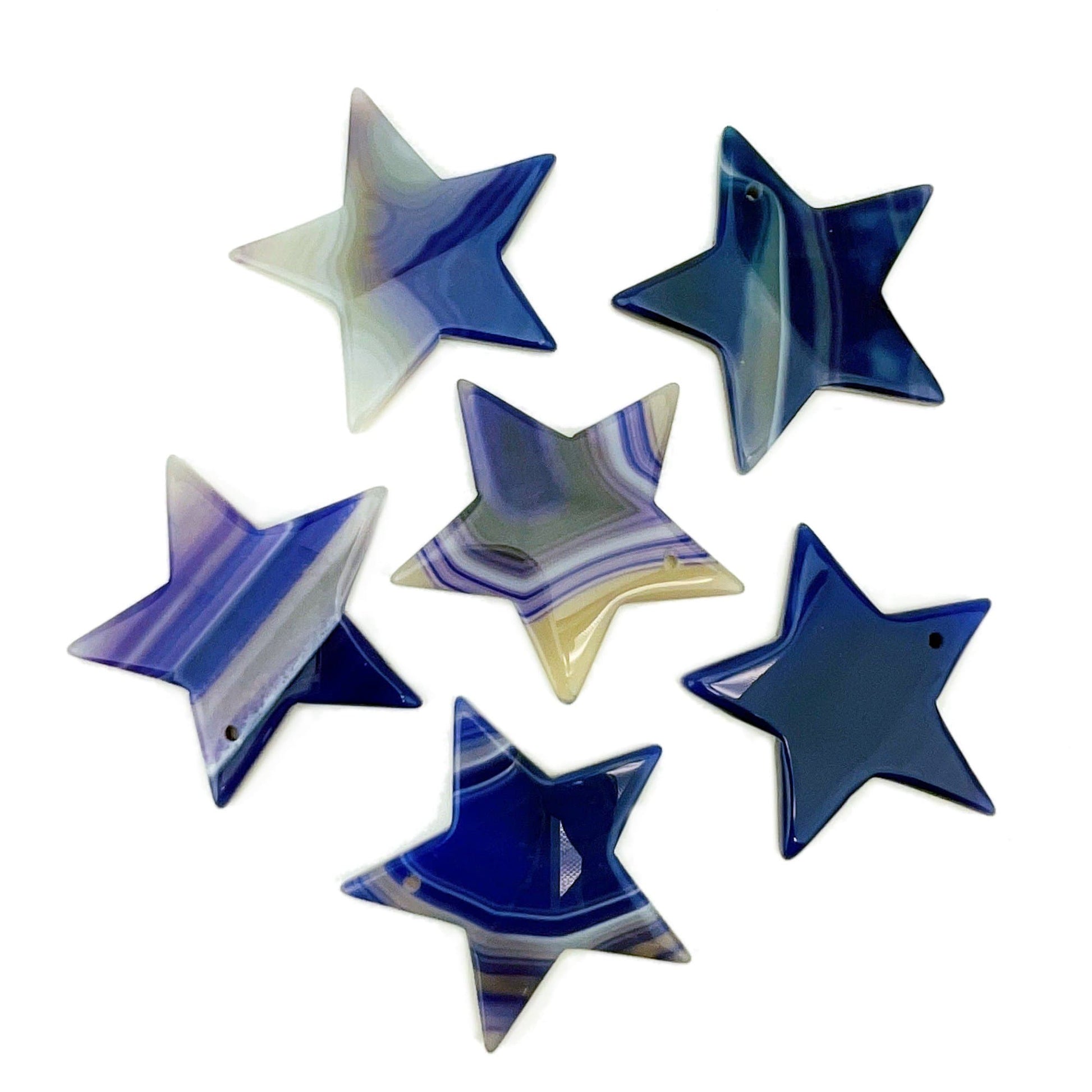 6 Purple Drilled Agate Stars on White Background.
