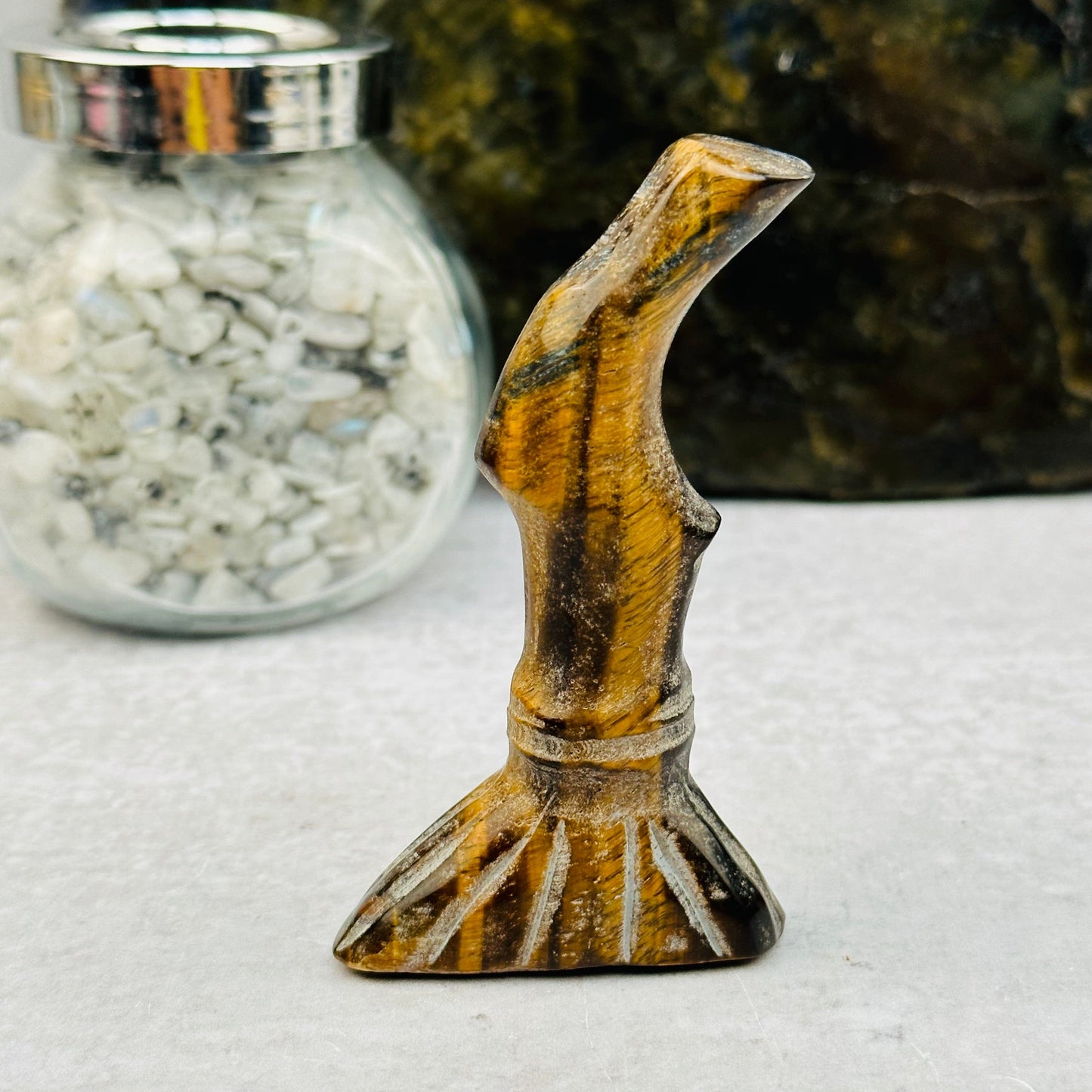 tigers eye Carved Gemstone Broom displayed as home decor 