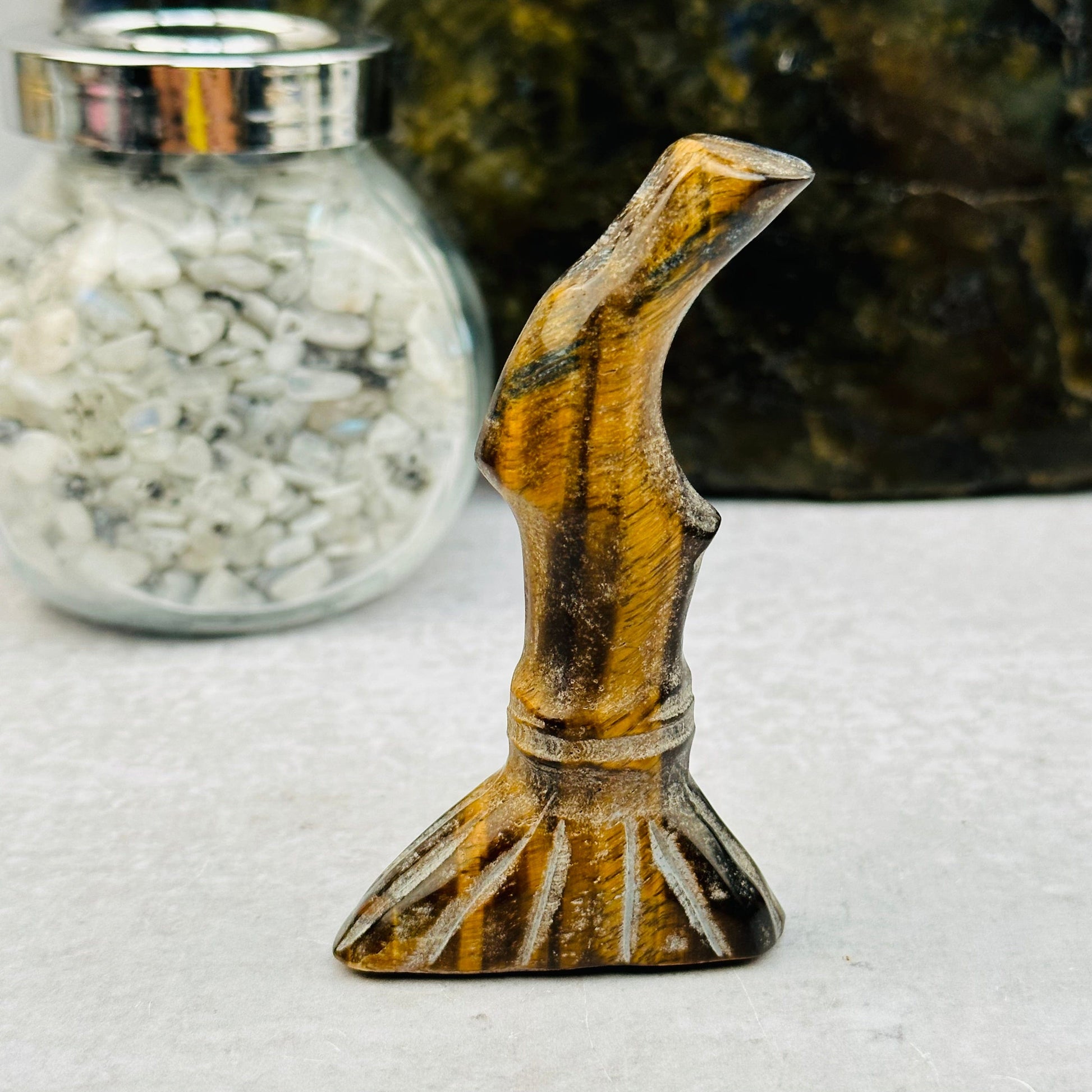 tigers eye Carved Gemstone Broom displayed as home decor 
