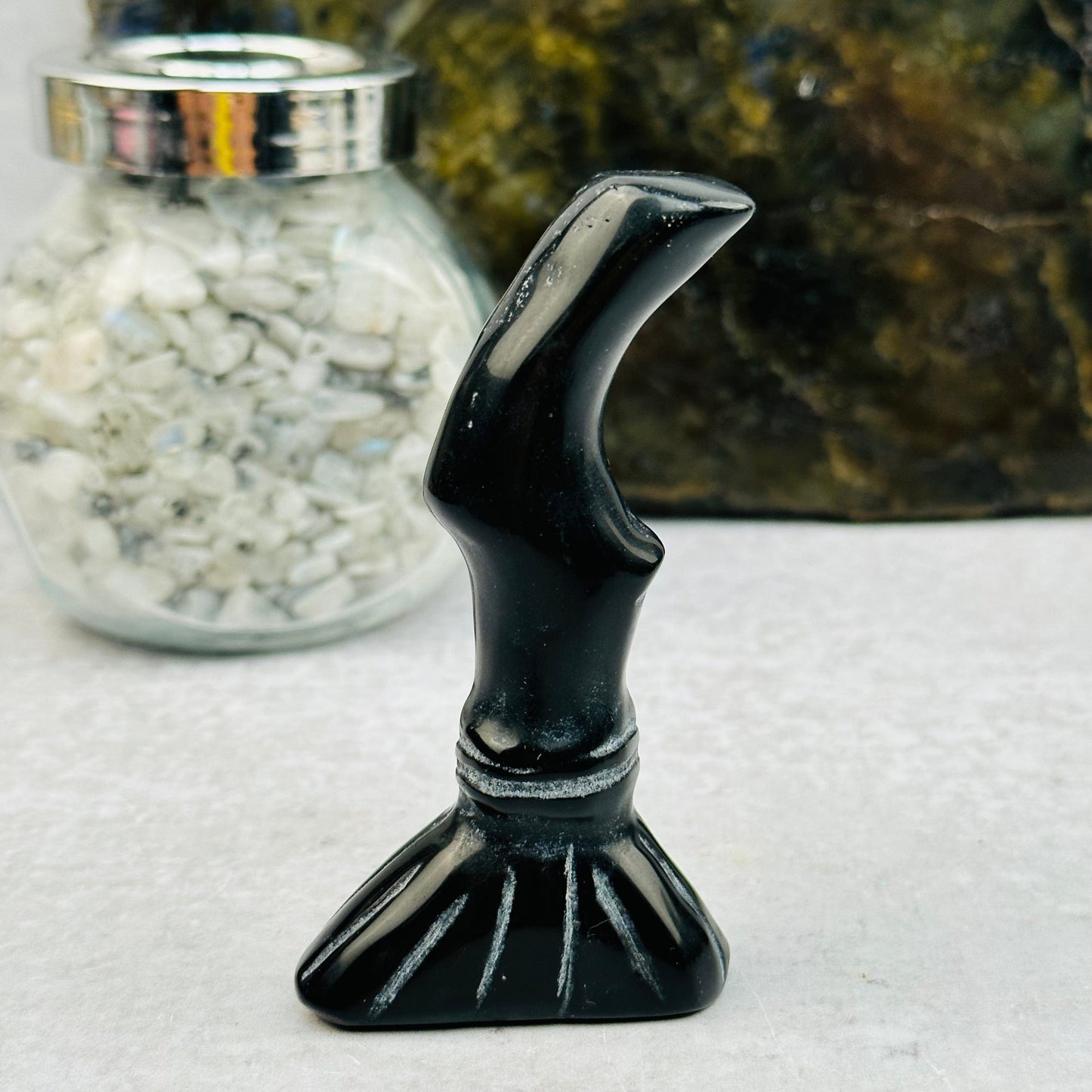 black obsidian Carved Gemstone Broom displayed as home decor 