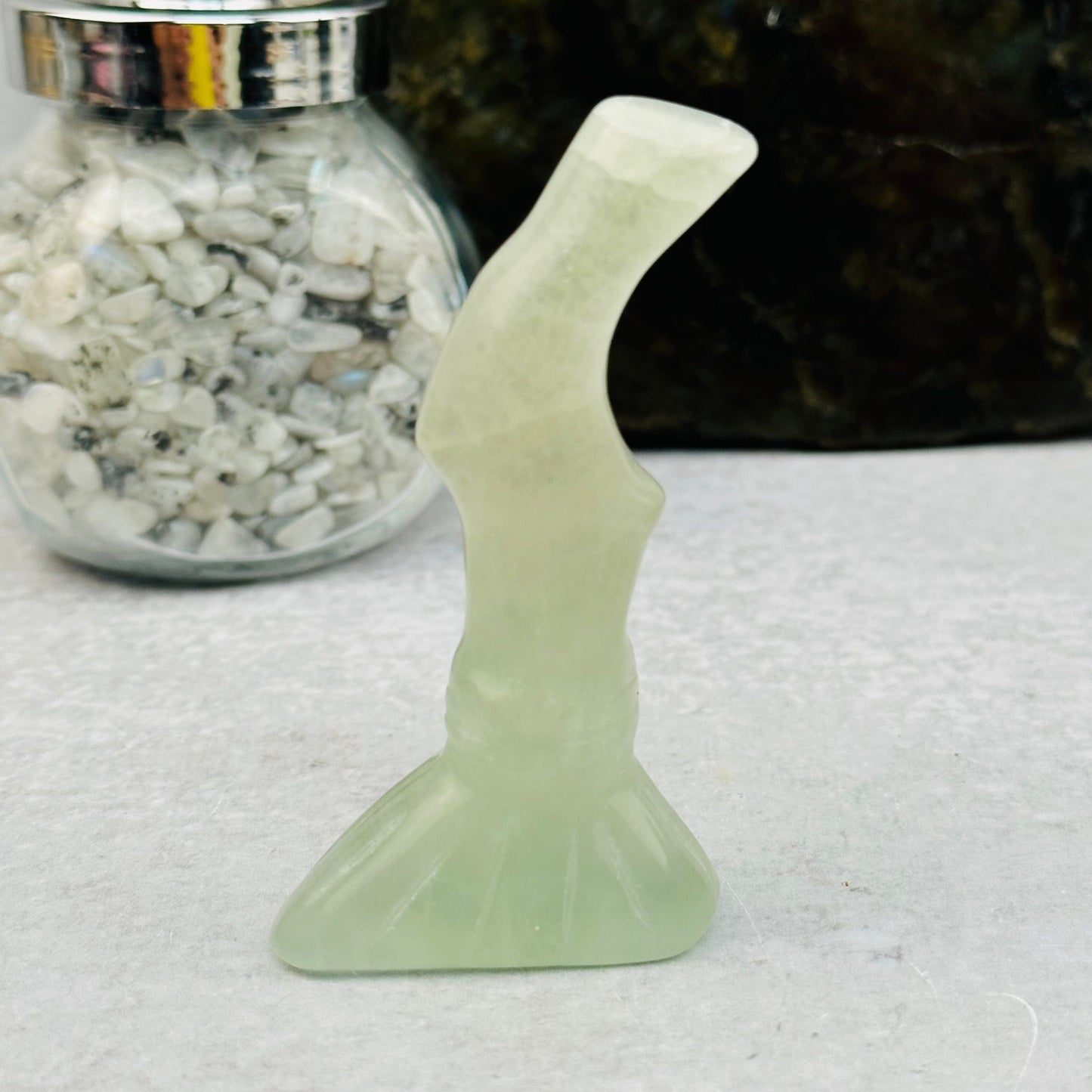 fluorite Carved Gemstone Broom displayed as home decor
