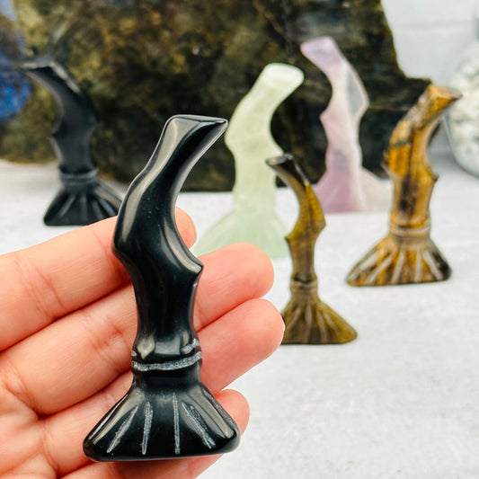 Carved Gemstone Broom in hand for size reference 