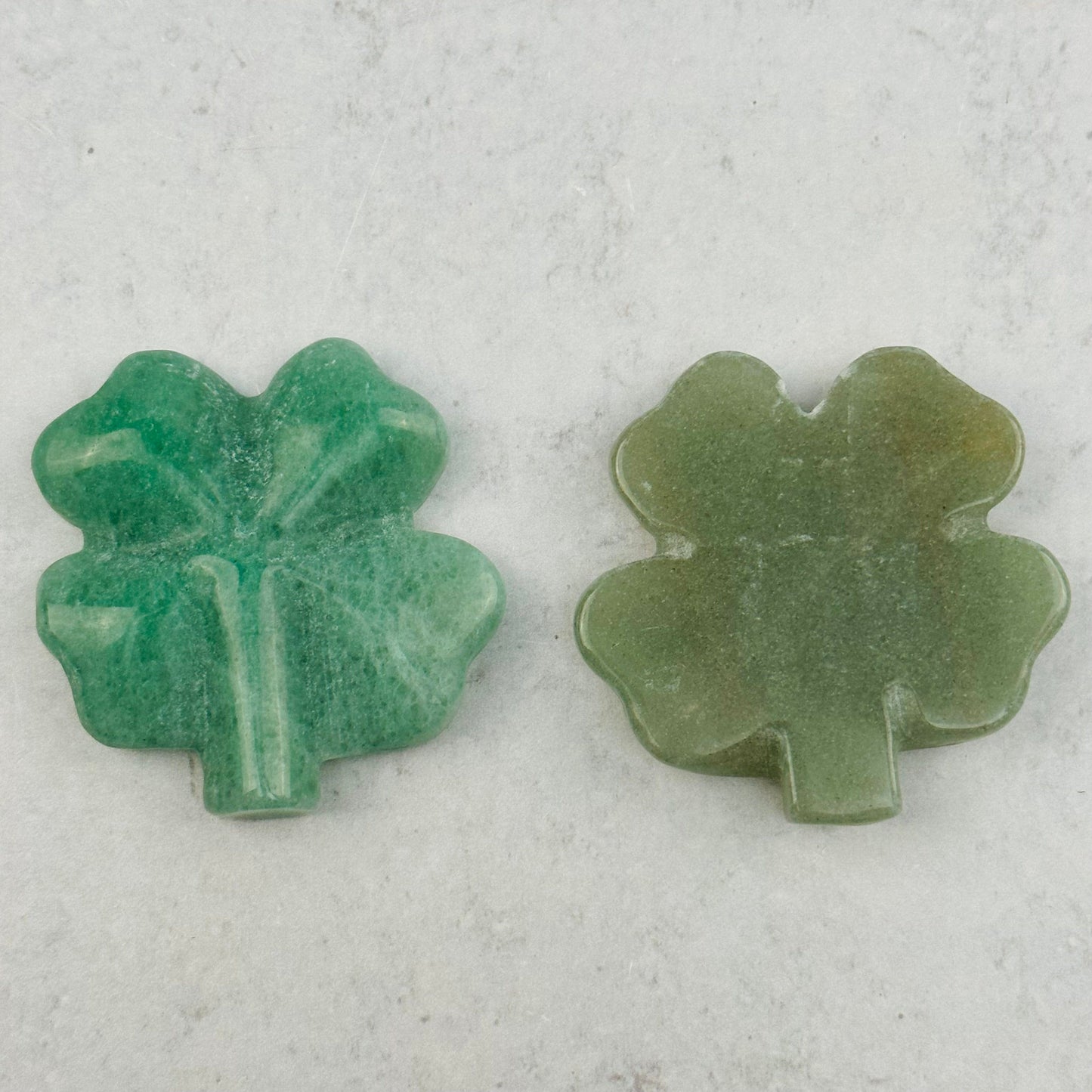 front and back view of the Green Aventurine Carved Gemstone Clovers