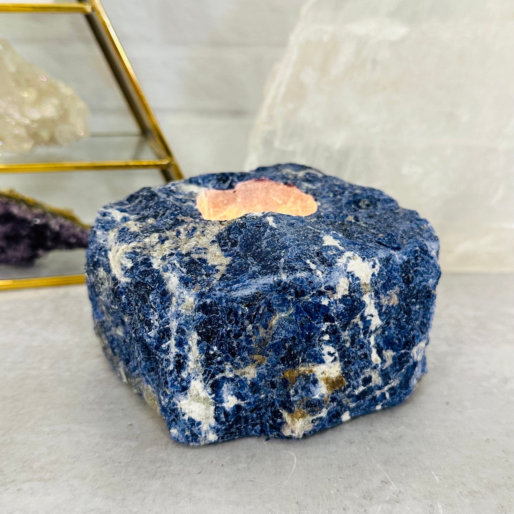 Sodalite Candle Holder displayed as home decor 