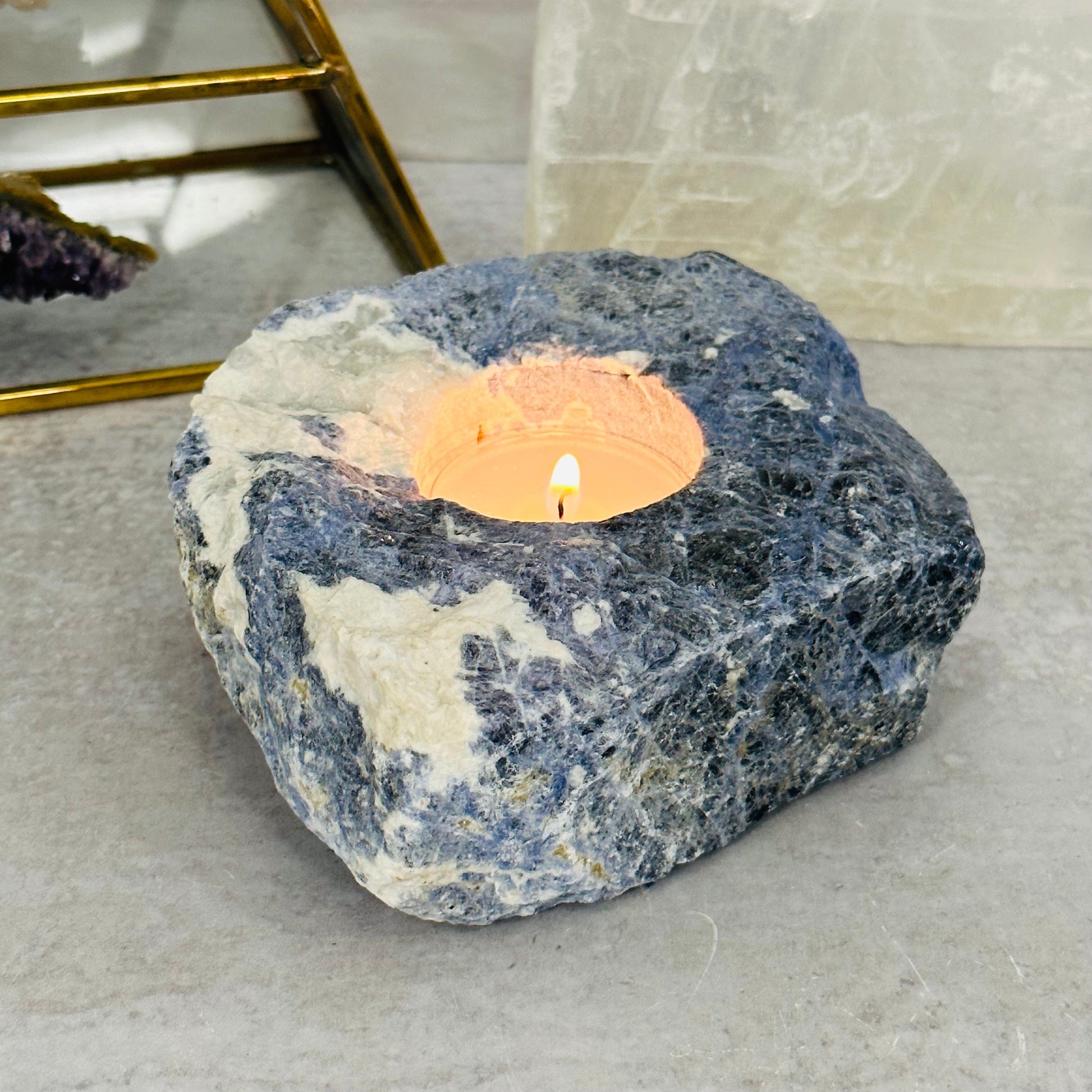 Sodalite Candle Holder displayed as home decor 