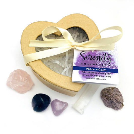 serenity heart box with rose quartz, fluorite, amethyst. selenite, and lepidolite