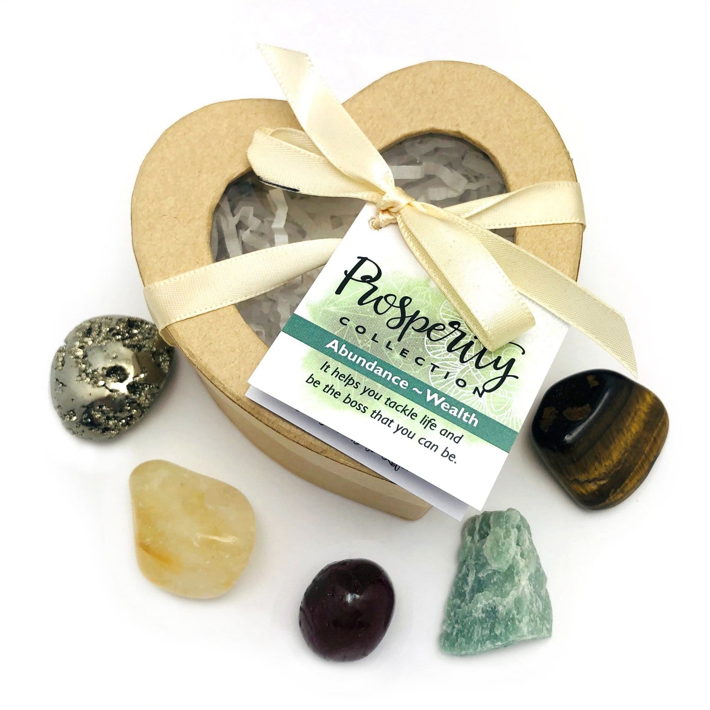 prosperity heart box with pyrite, citrine, garnet, aventurine, and tigers eye surrounding it