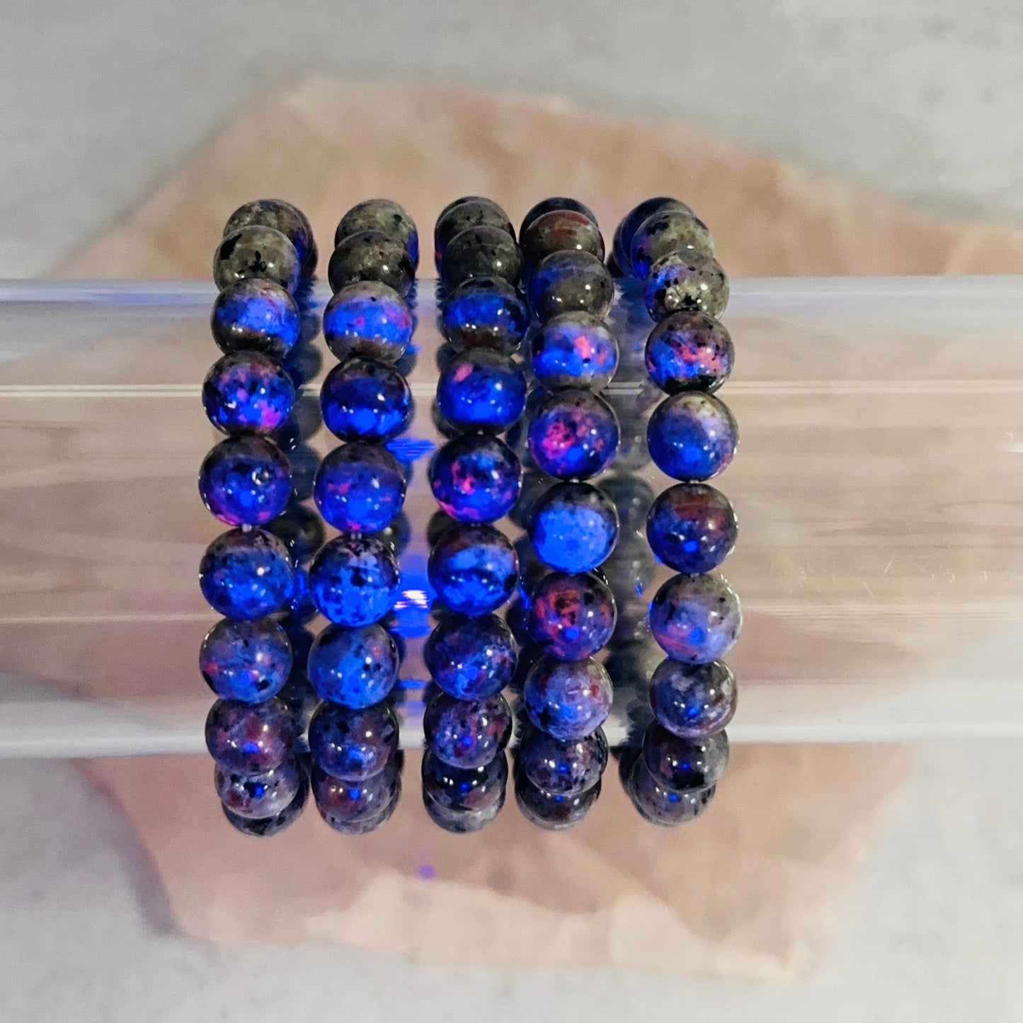 close up of the bracelets under ultra violet light 