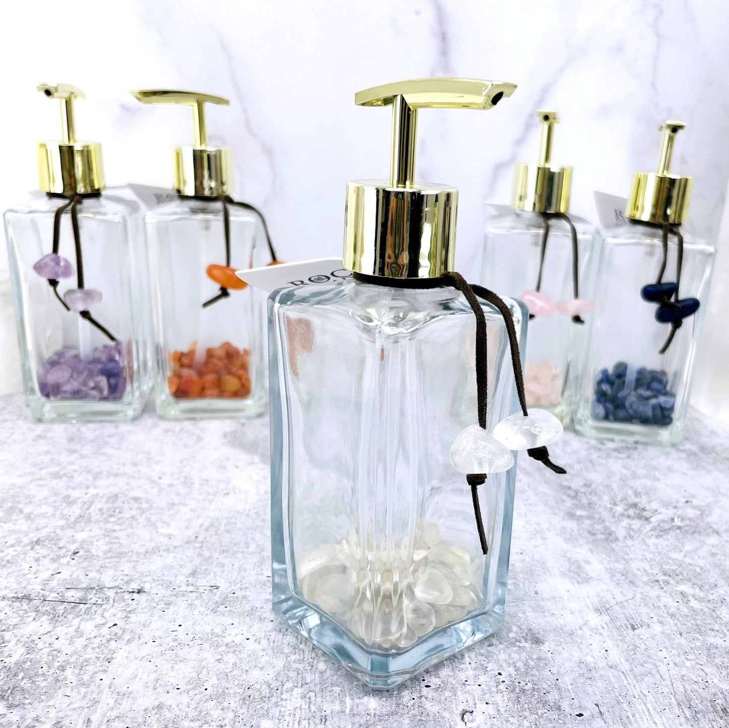 Crystal Quartz tumbled stone soap dispenser up close