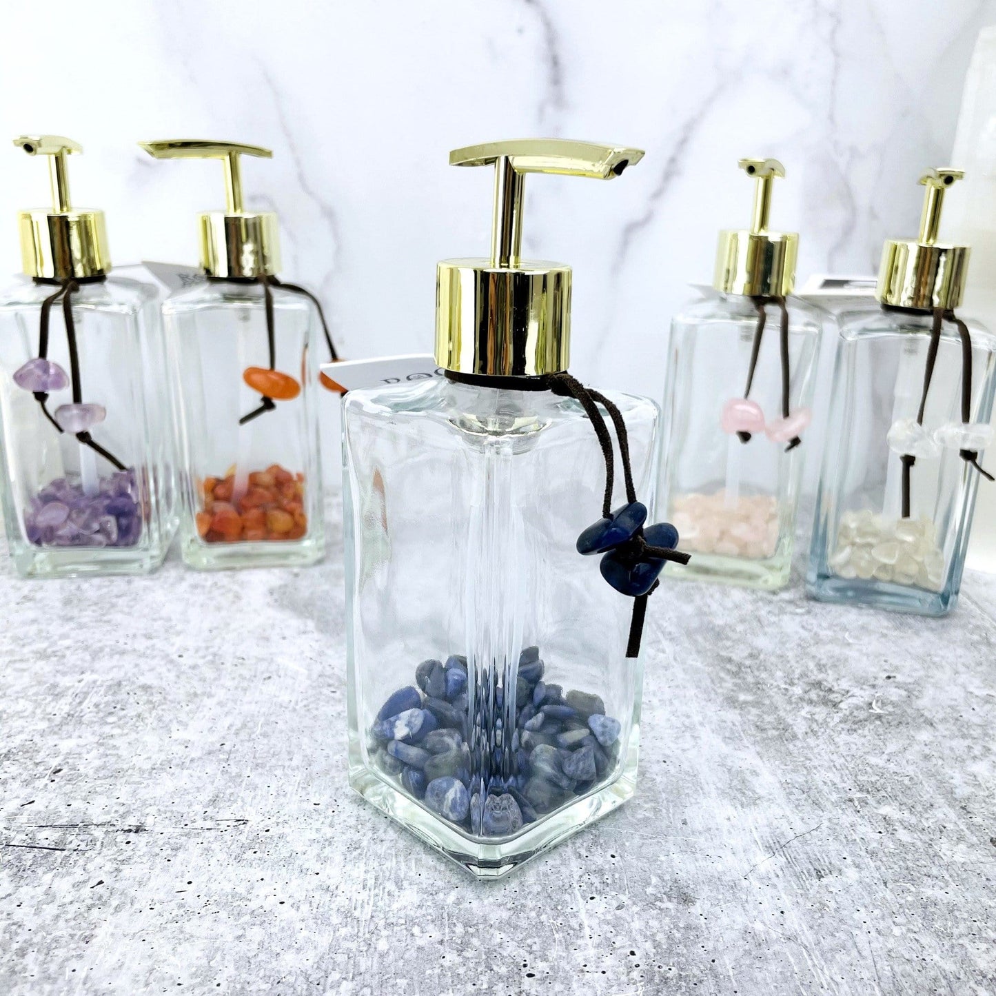 Sodalite tumbled stone soap dispenser up close
