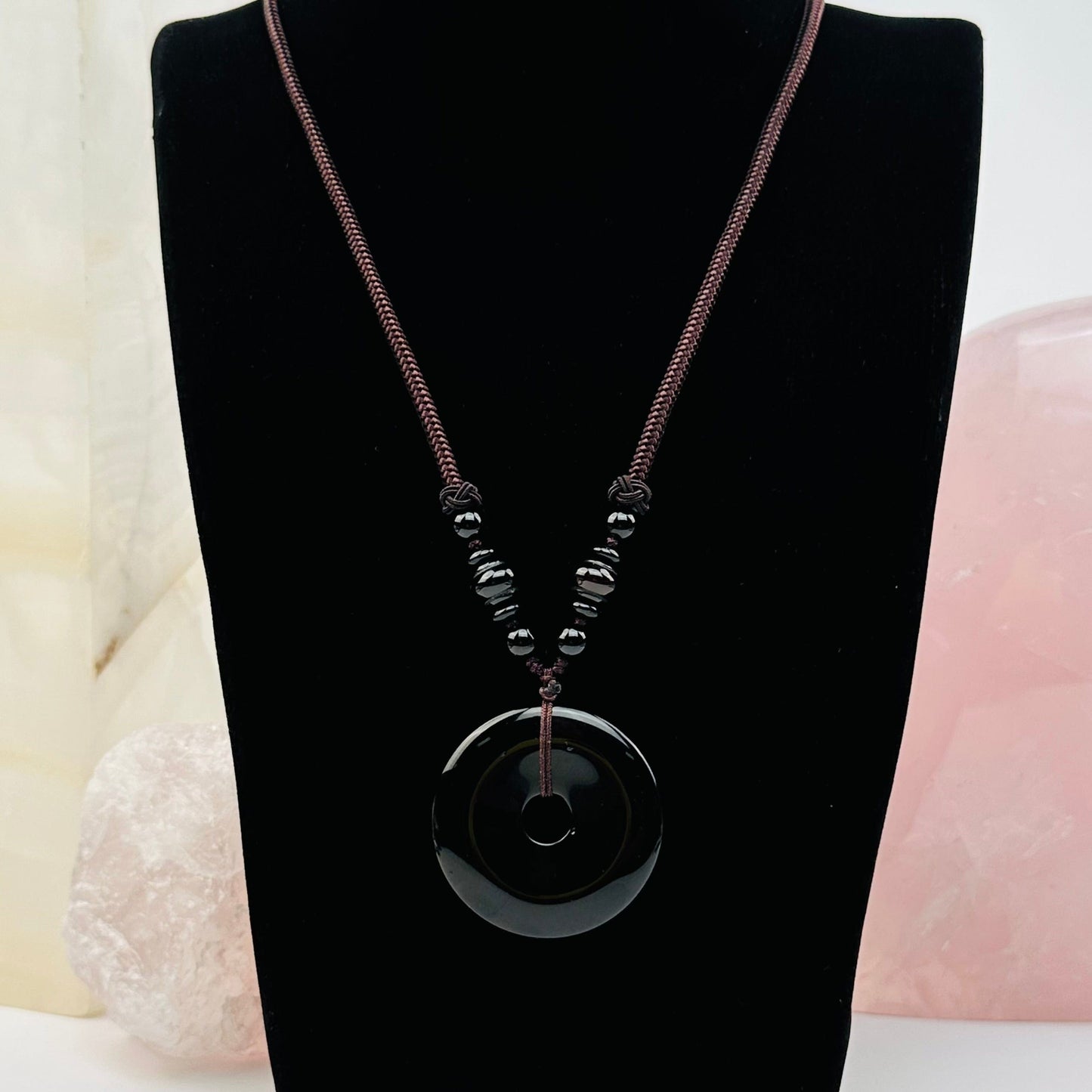 Round Disk Crystal Necklace available in black obsidian