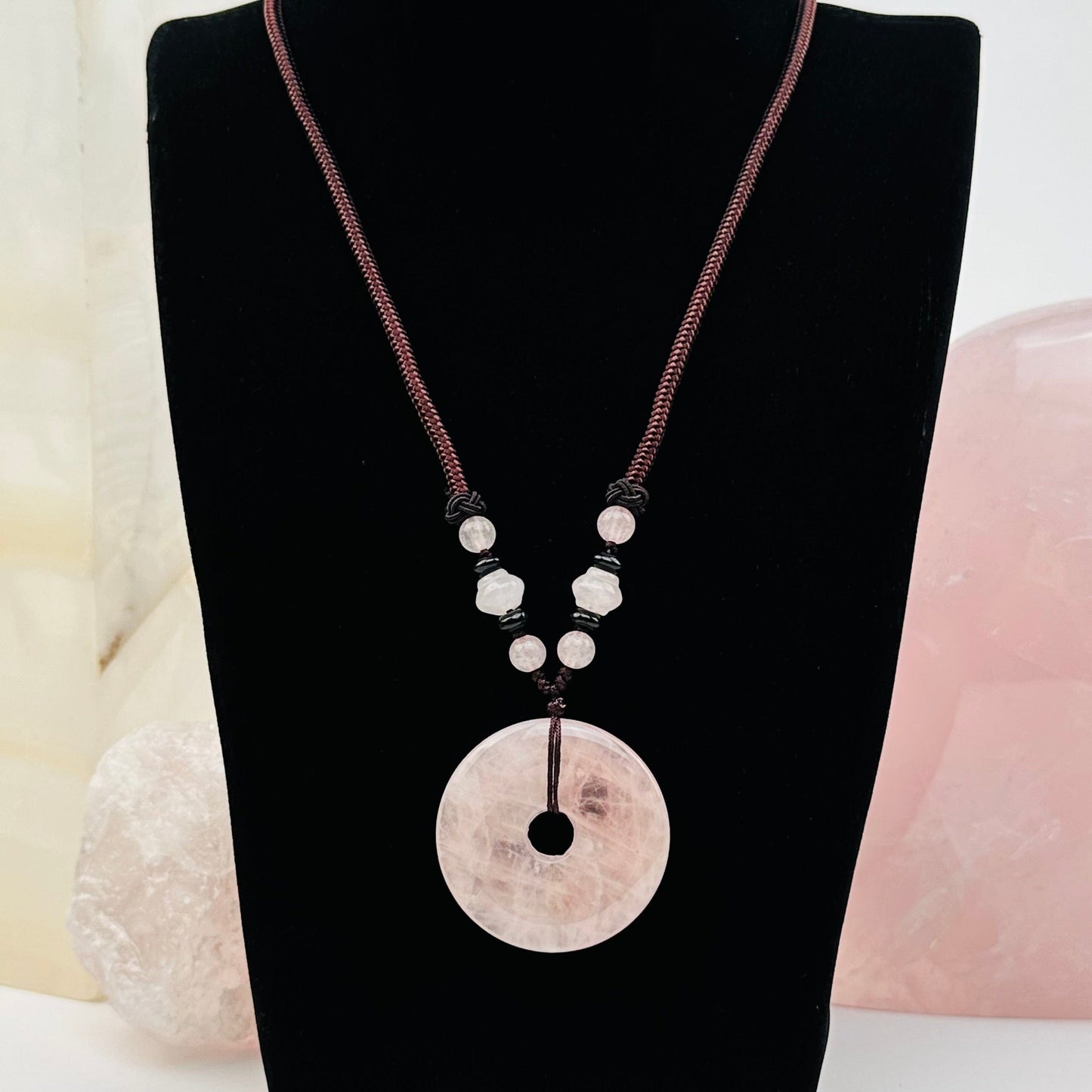 Round Disk Crystal Necklace available in rose quartz 