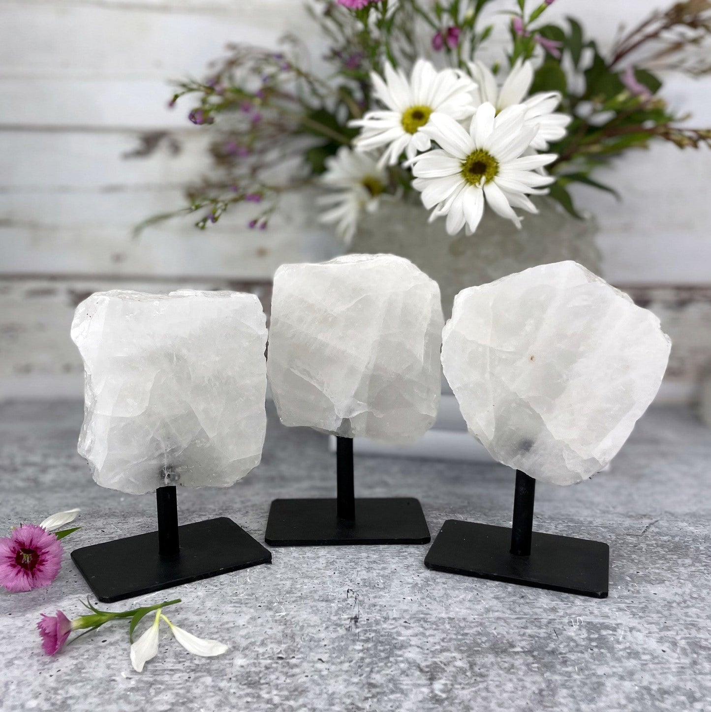 3 Polished Crystal Quartz Stone on Metal Stand