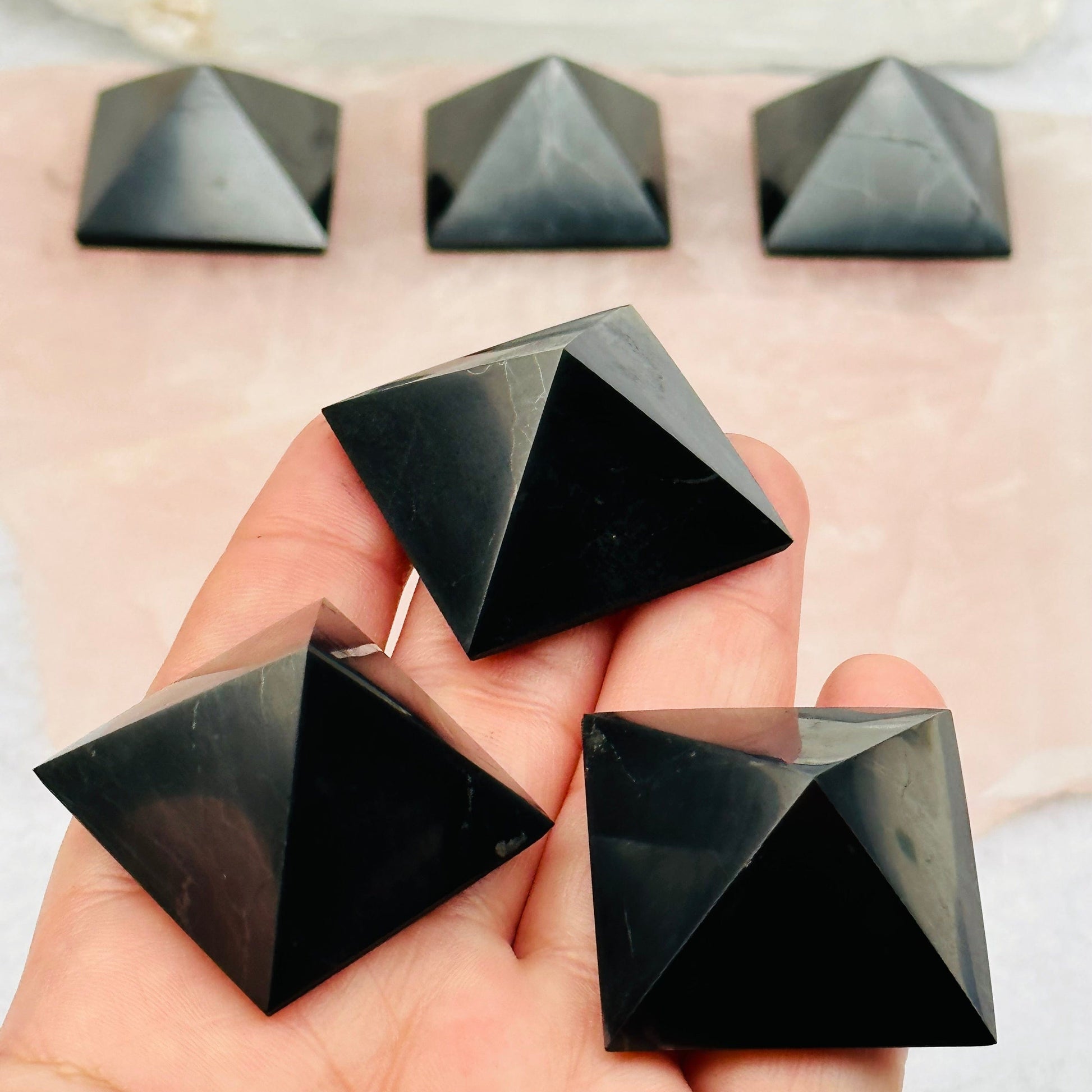 close up of the shungite pyramids 
