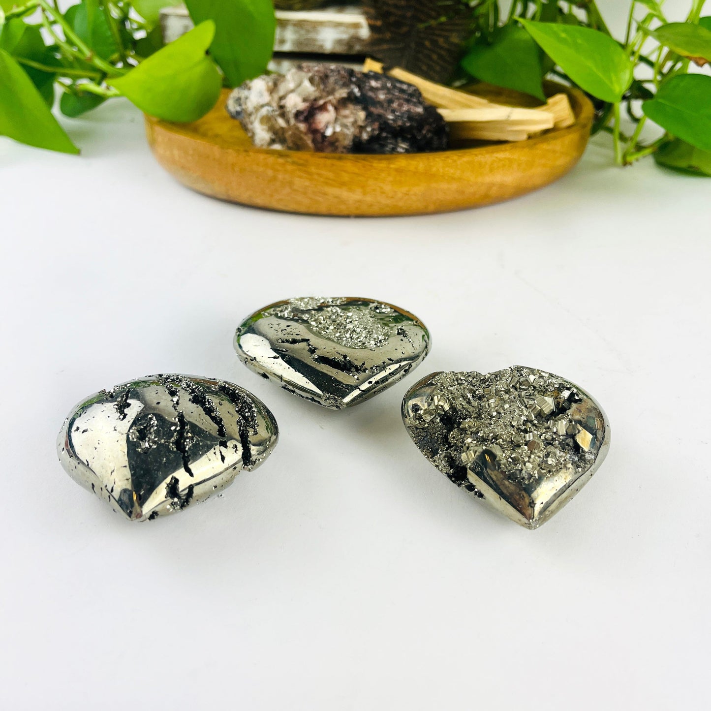3 Pyrite Crystal Hearts from side showing thickness