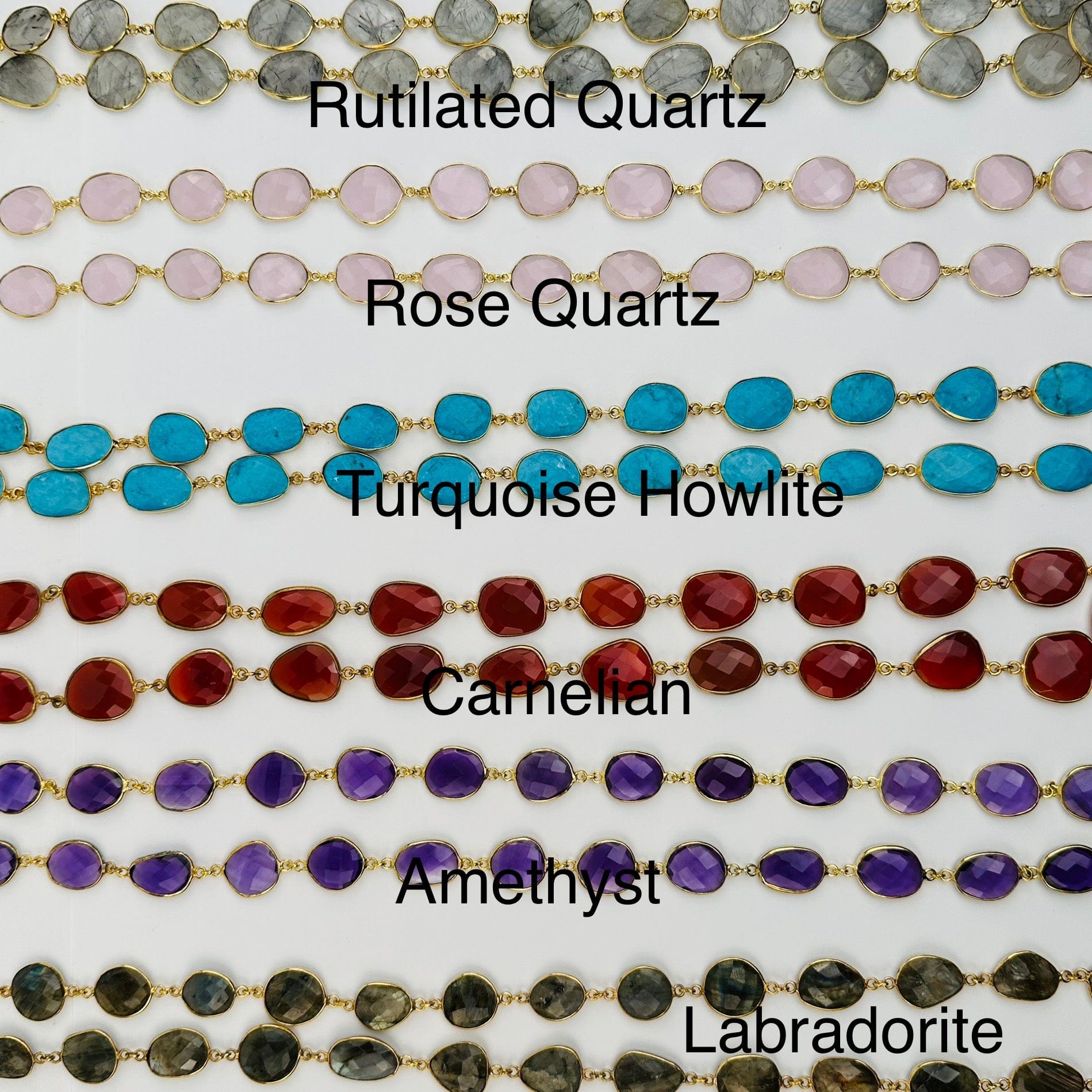 necklaces next to their crystal name 