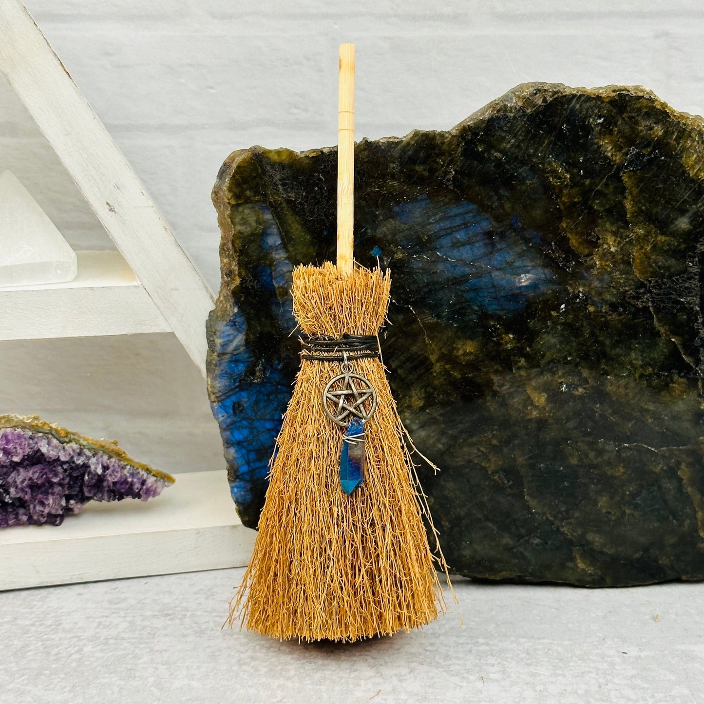 Protection Broom with Gemstone Accent Stone displayed as home decor