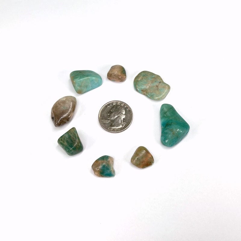 close up of the tumbled stones next to a quarter for size reference 