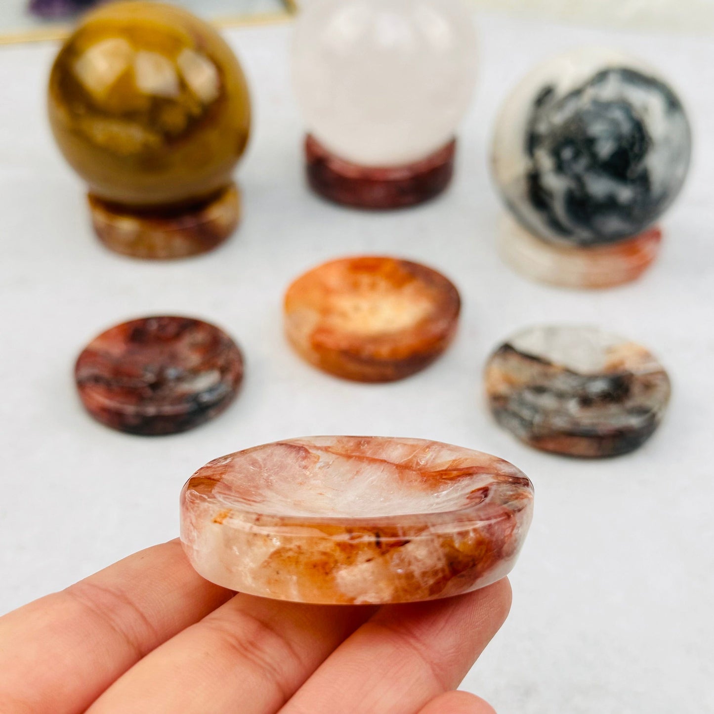 Fire Quartz Sphere Stand - Mini Dish in hand for size reference 