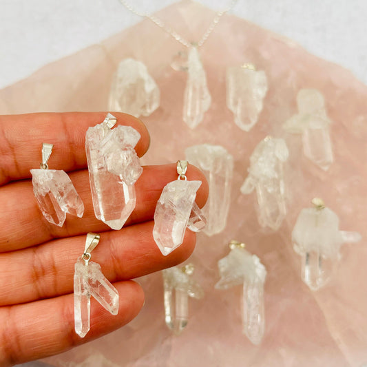 Crystal Quartz Point Cluster Pendants - Silver Plated Bail -