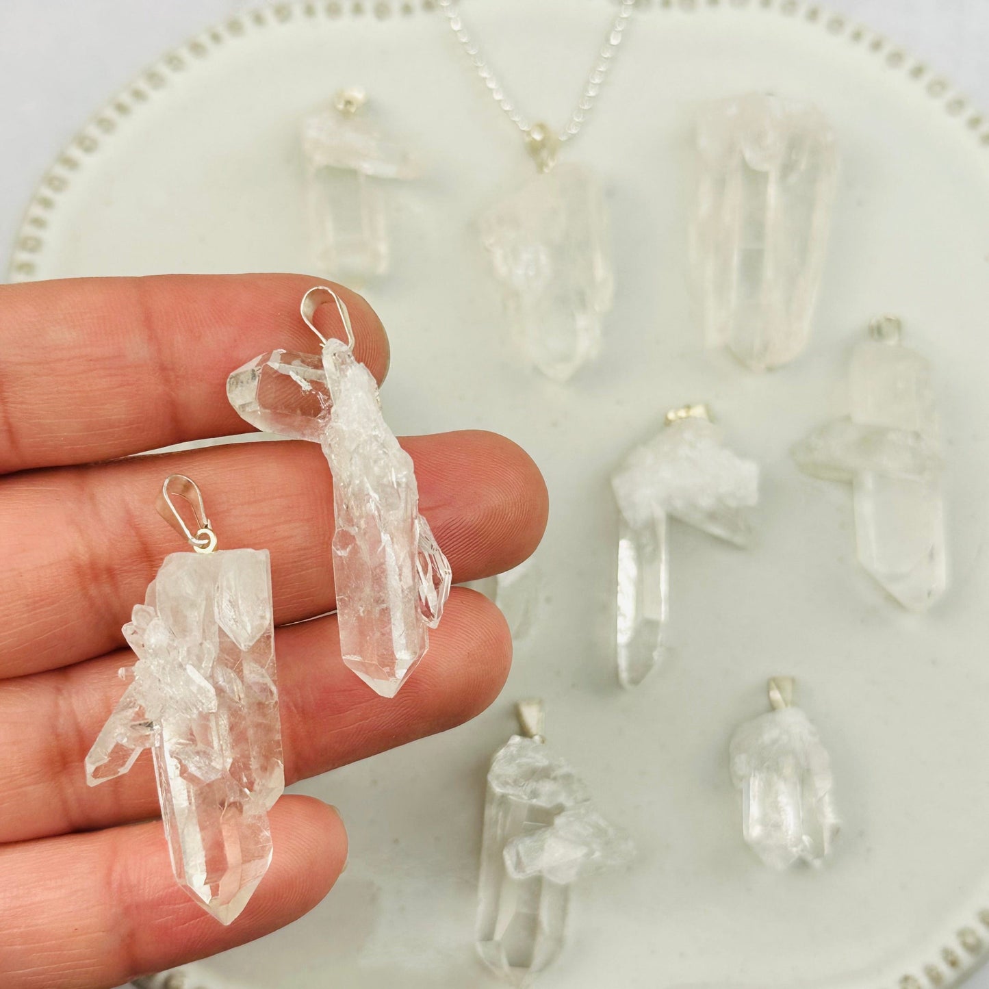 Crystal Quartz Point Cluster Pendants - Silver Plated Bail -