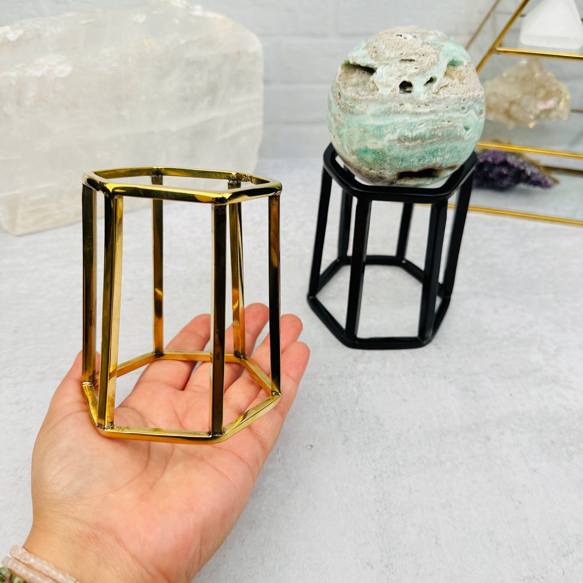 Crystal Stand Hexagon Shape in Brass and Black Aluminum