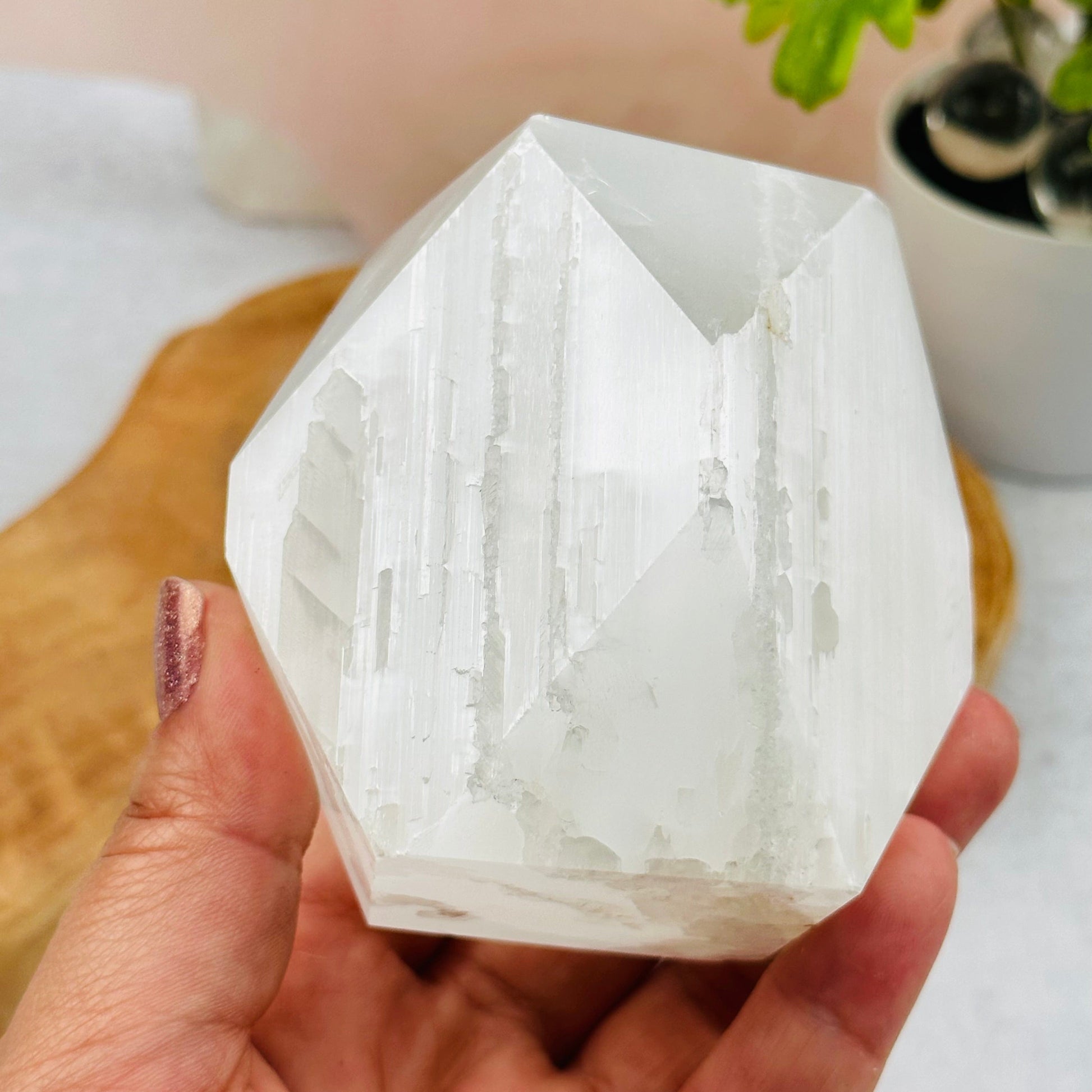 close up of the details on this Selenite - Tumbled Polygon Shape
