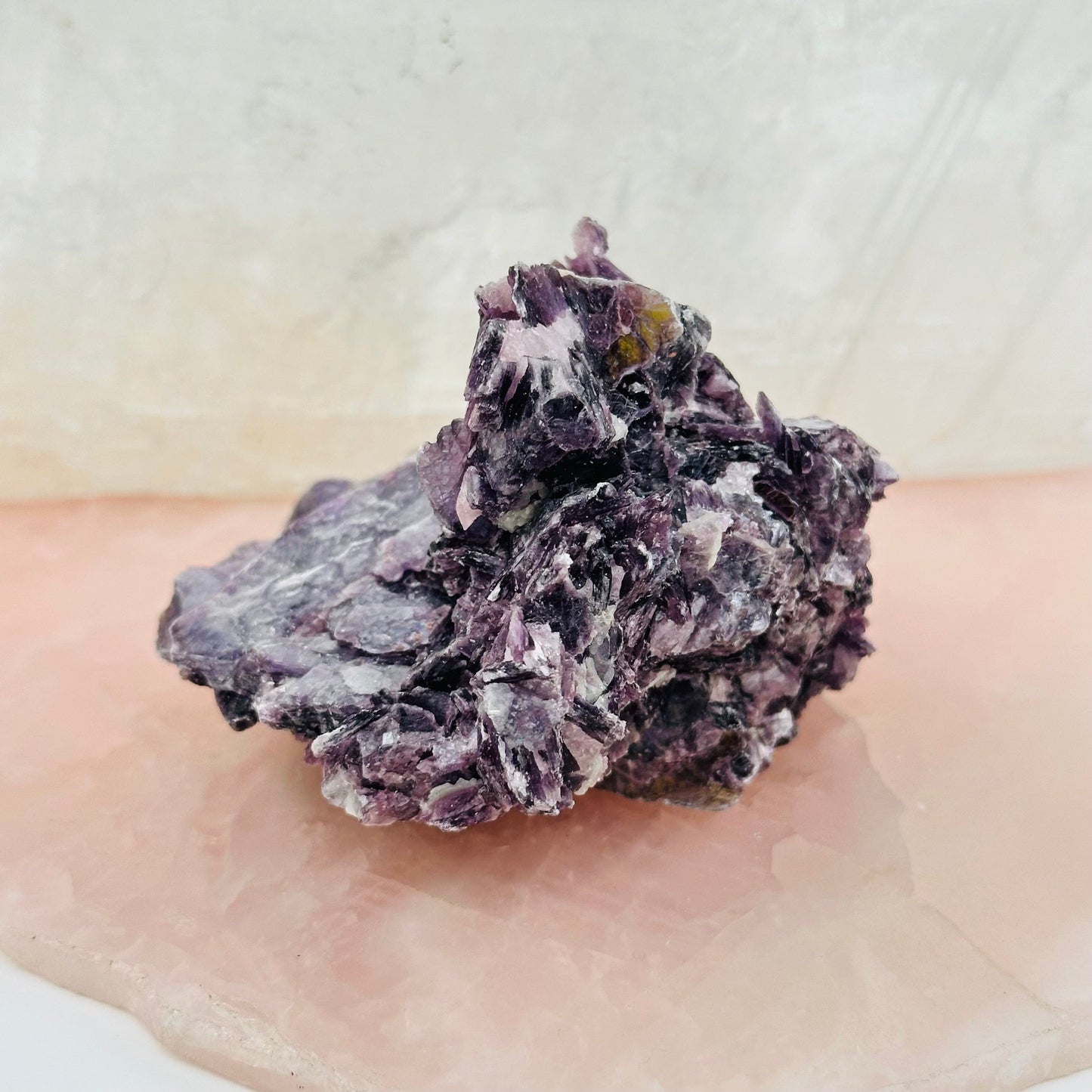 Star Mica Crystal Cluster with Lepidolite displayed as home decor 