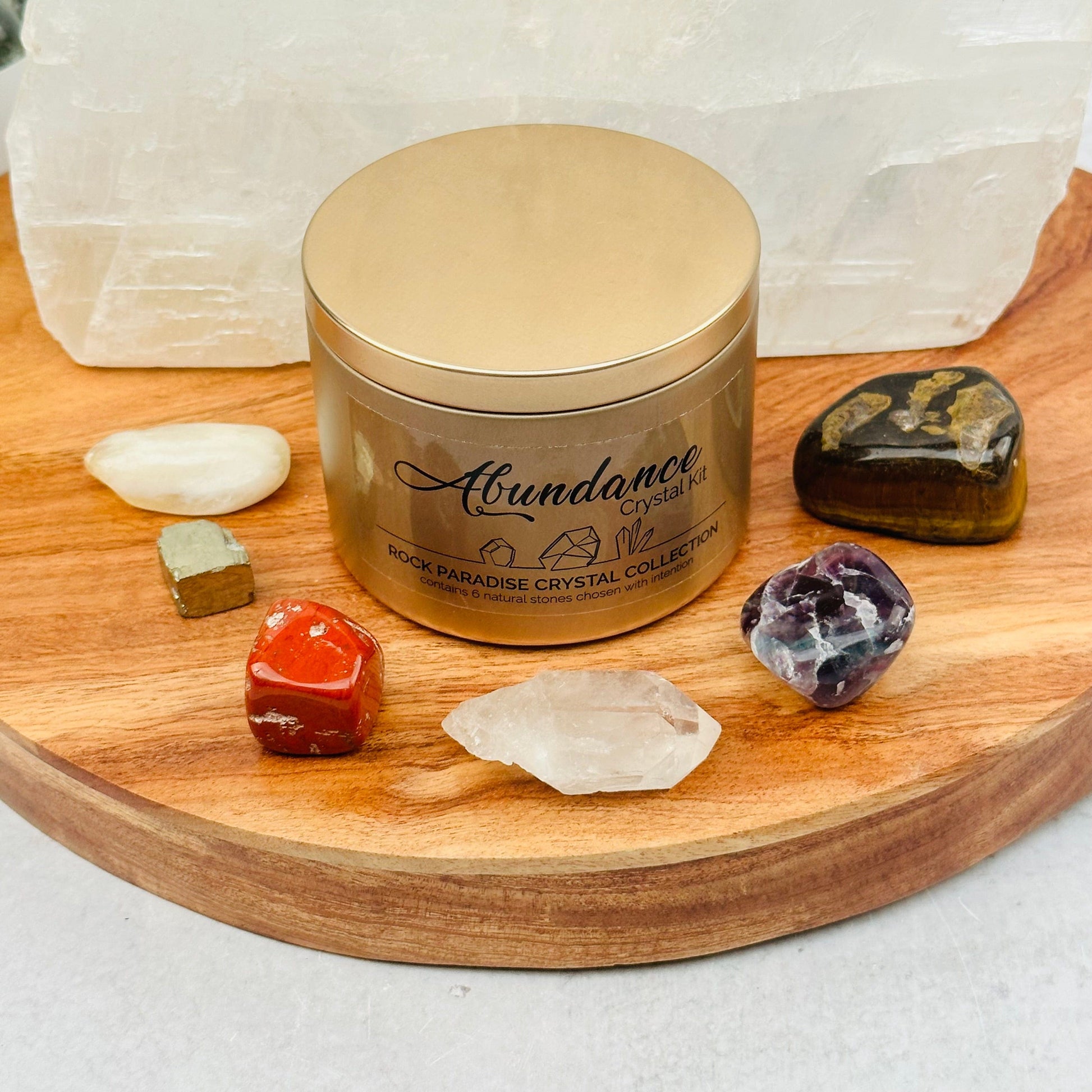 Abundance Crystal Kit - Set of Stones - Tin Collection - with crystals displayed 