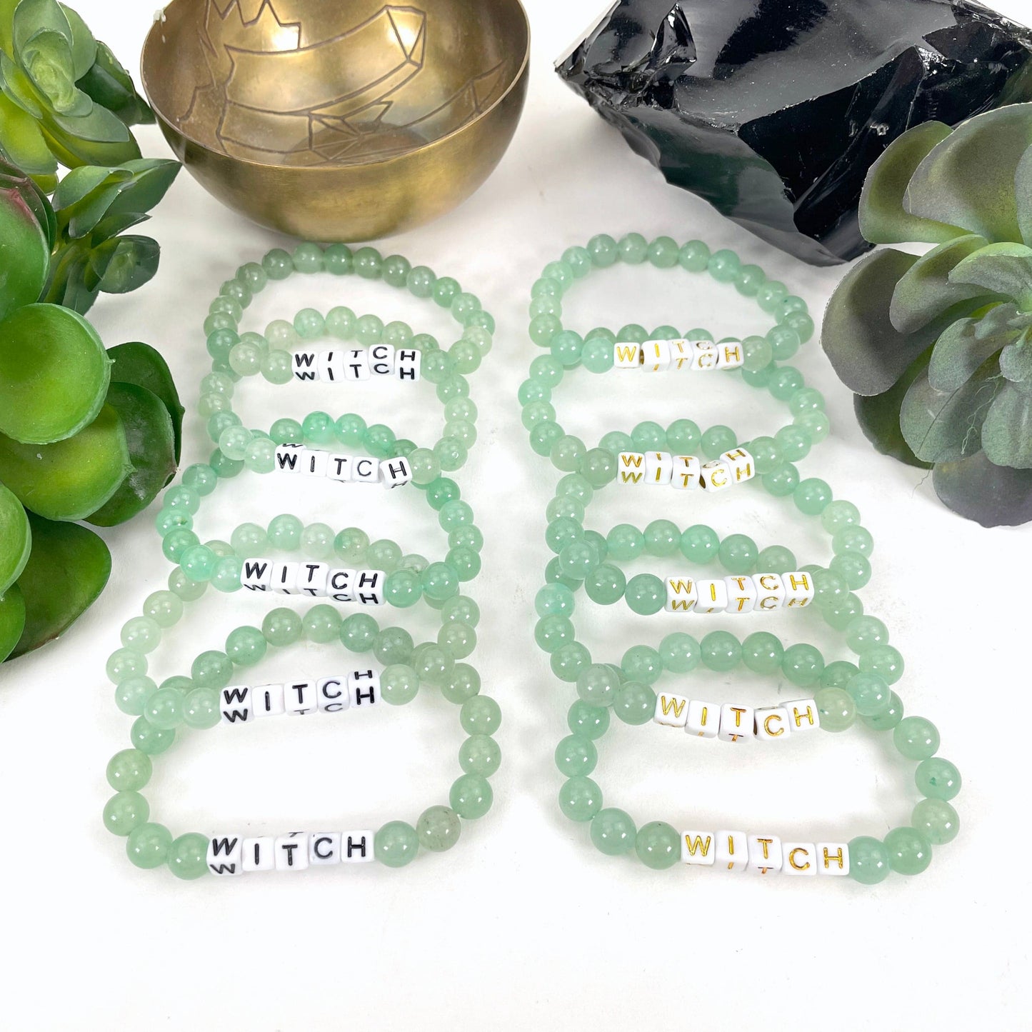 Green aventurine Crystal Mala Bead Bracelet - WITCH -  Letter Beads in black and gold print