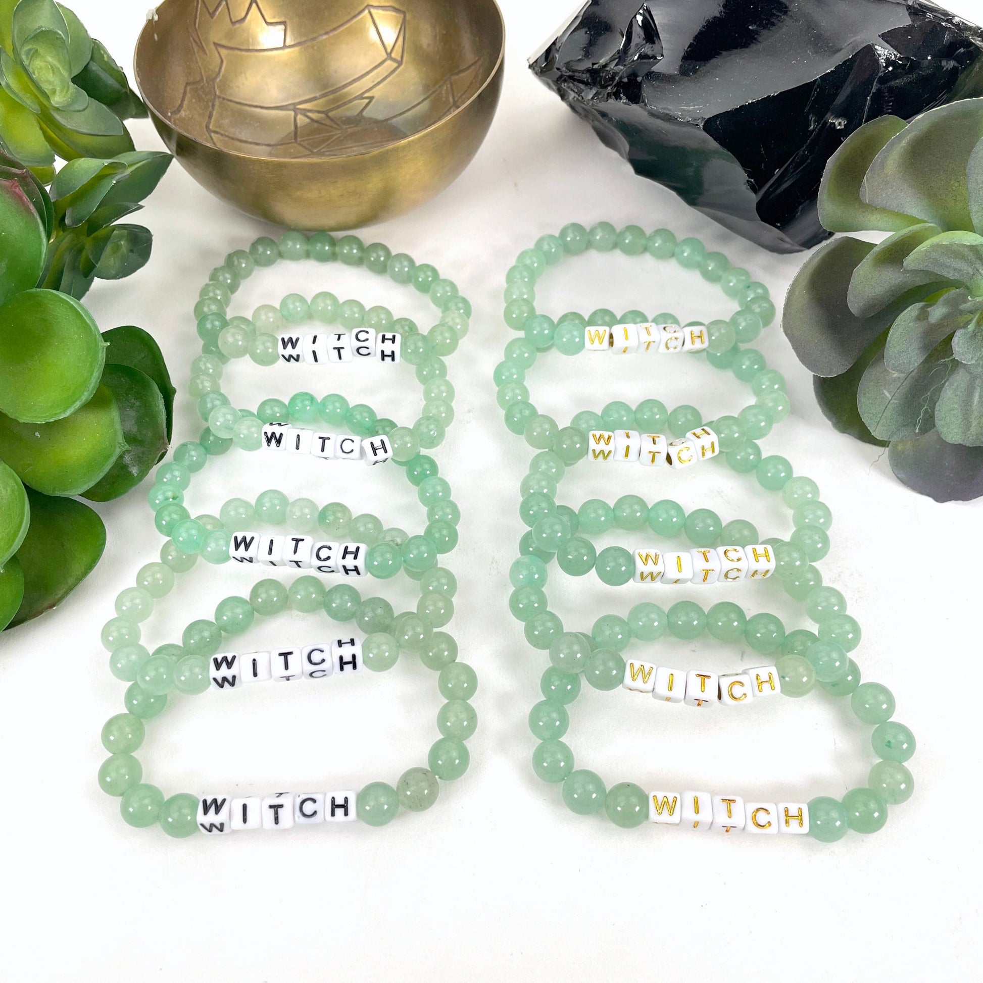 Green aventurine Crystal Mala Bead Bracelet - WITCH -  Letter Beads in black and gold print