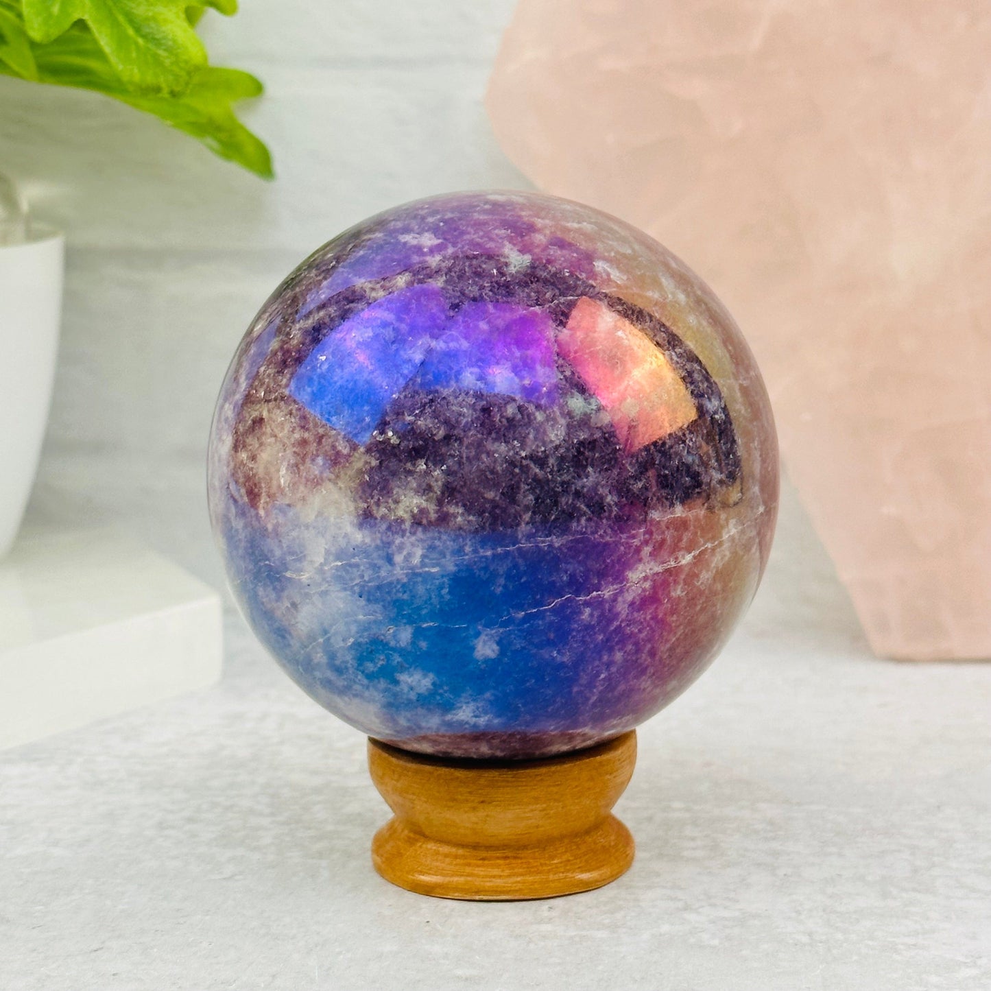 Angel Aura Lepidolite Sphere displayed as home decor 