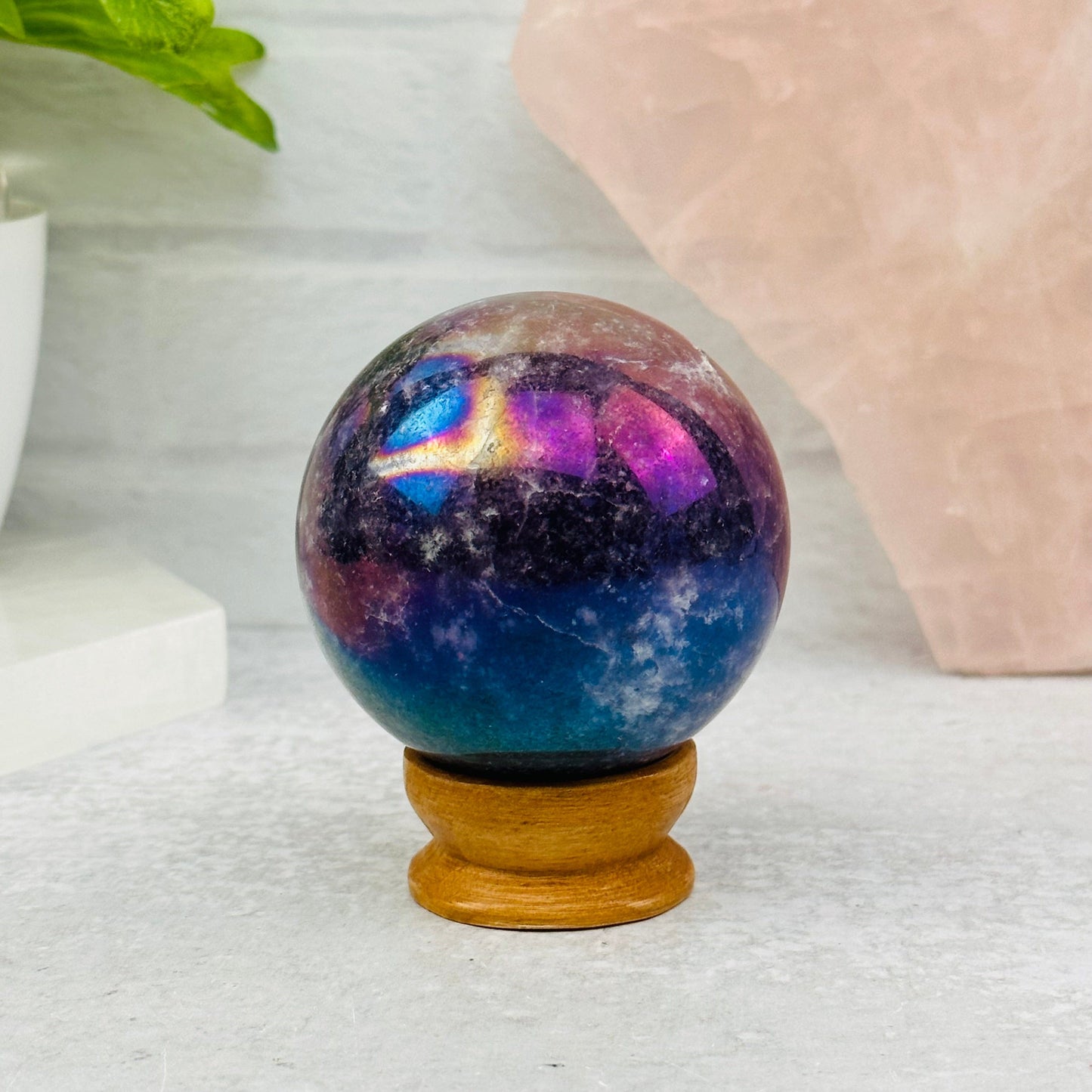 Angel Aura Lepidolite Sphere displayed as home decor 