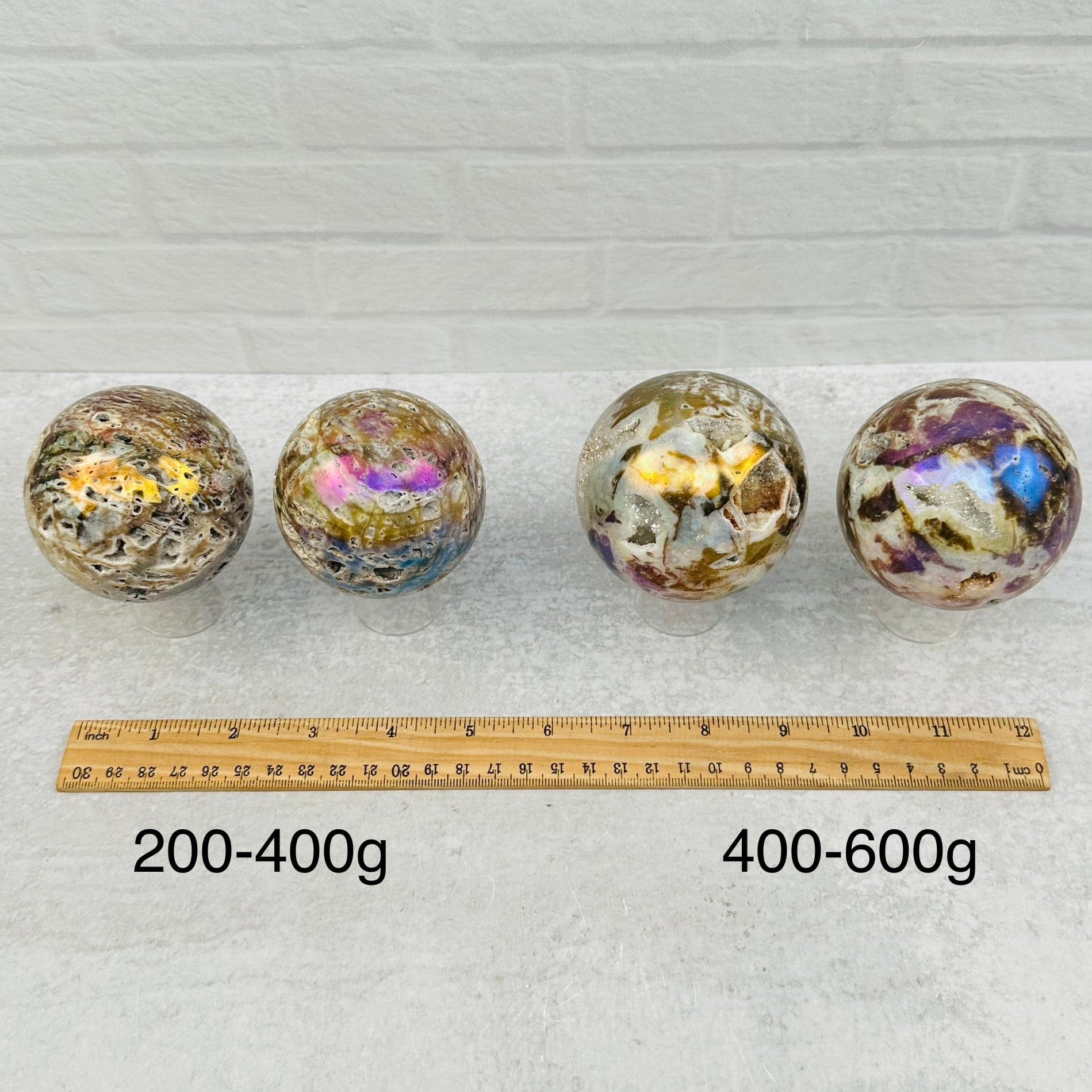 Angel Aura Sphalerite Sphere - Crystal Ball - By Weight - next to a ruler for size reference 