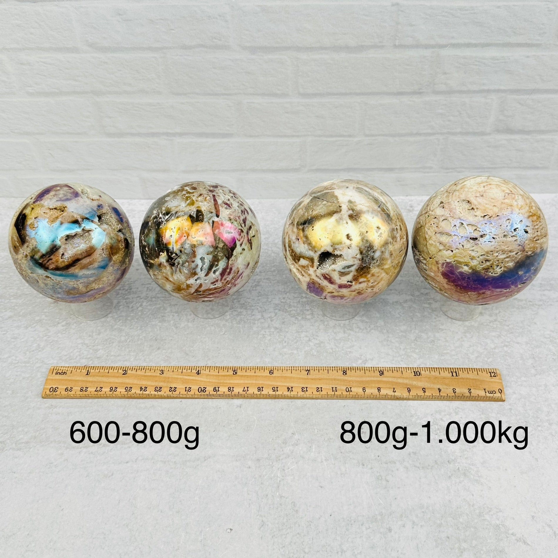 Angel Aura Sphalerite Sphere - Crystal Ball - By Weight - next to a ruler for size reference