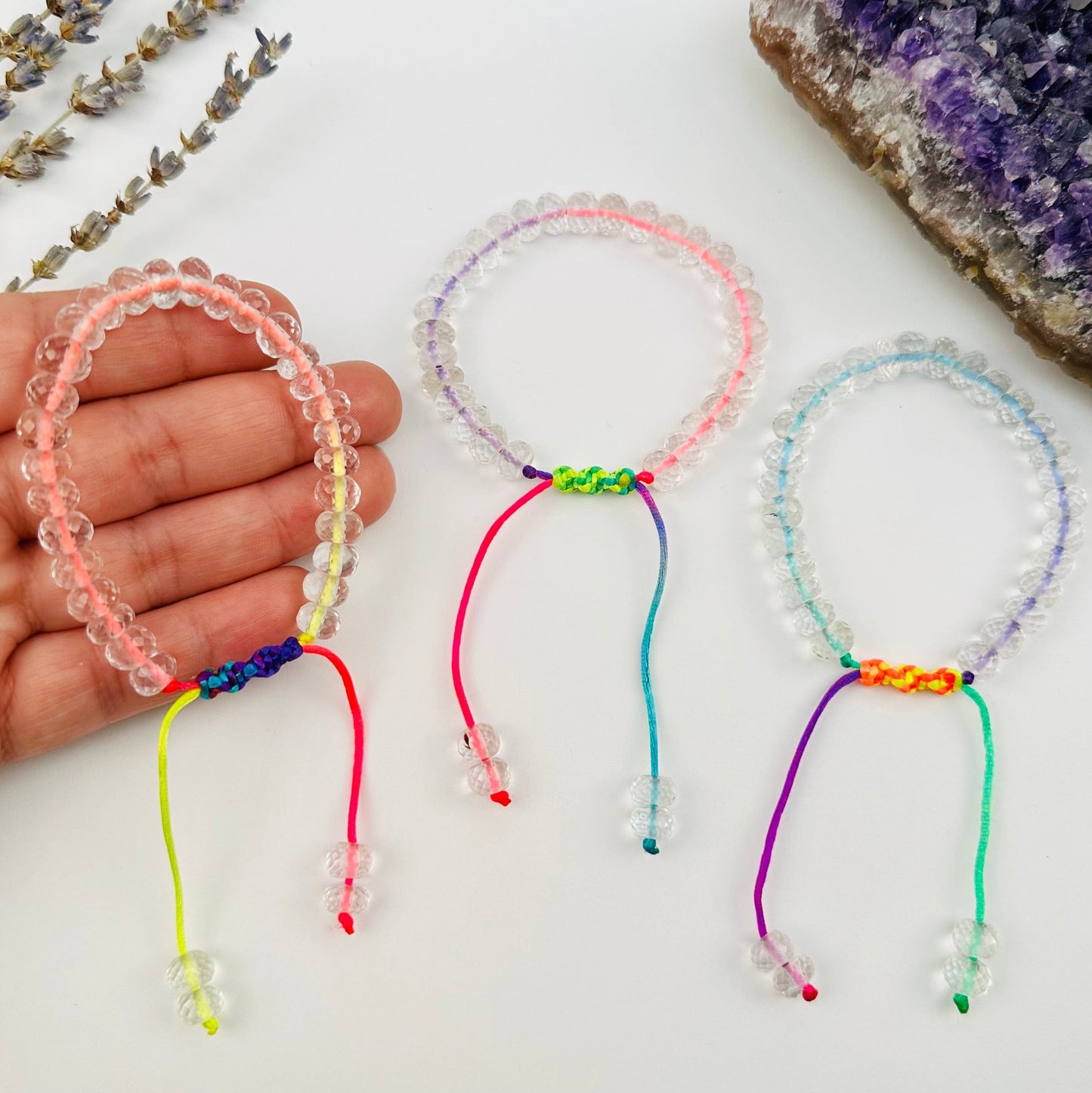 Crystal Quartz Faceted Rondelle Bracelet in hand for size reference 