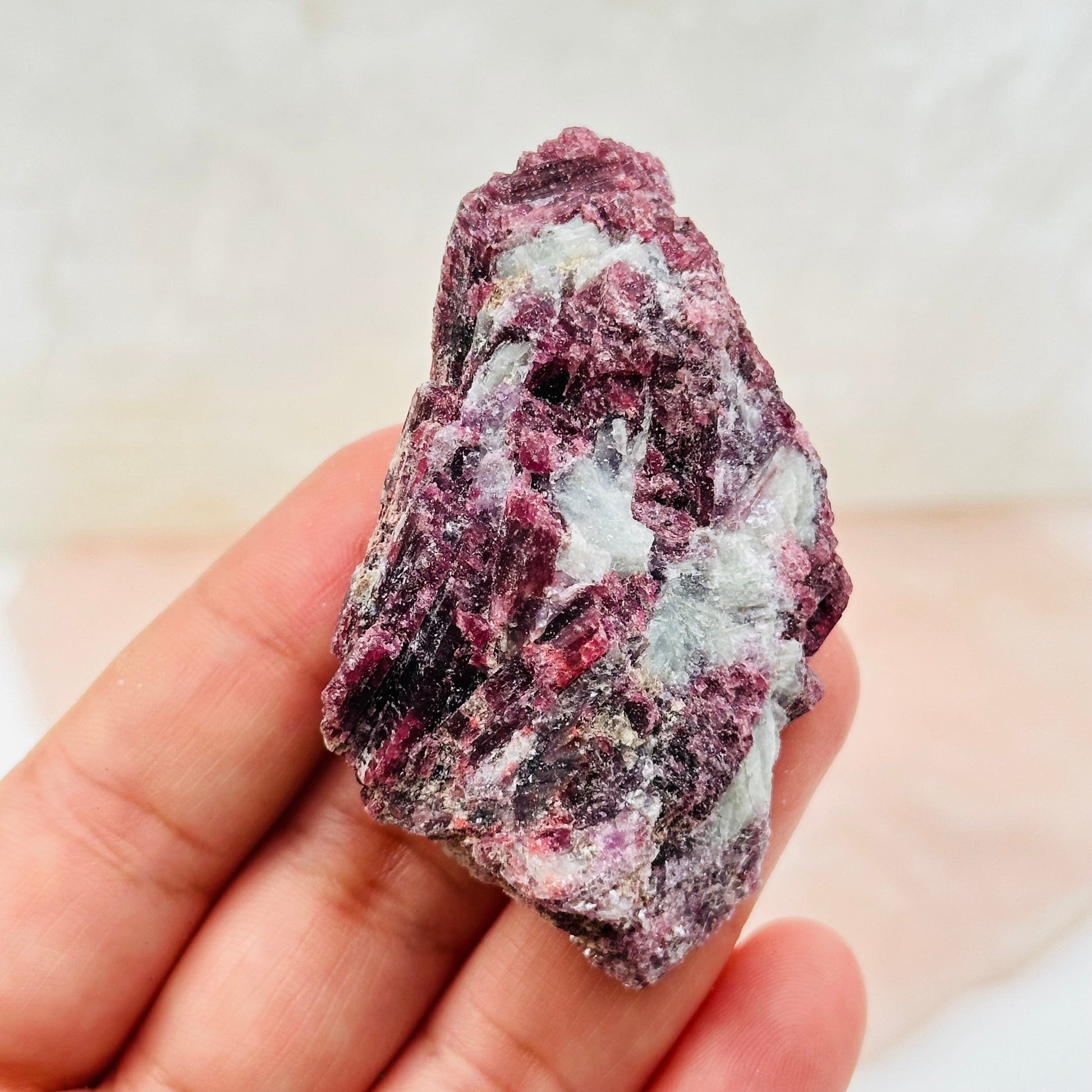 close up of the details on this pink tourmaline crystal cluster 