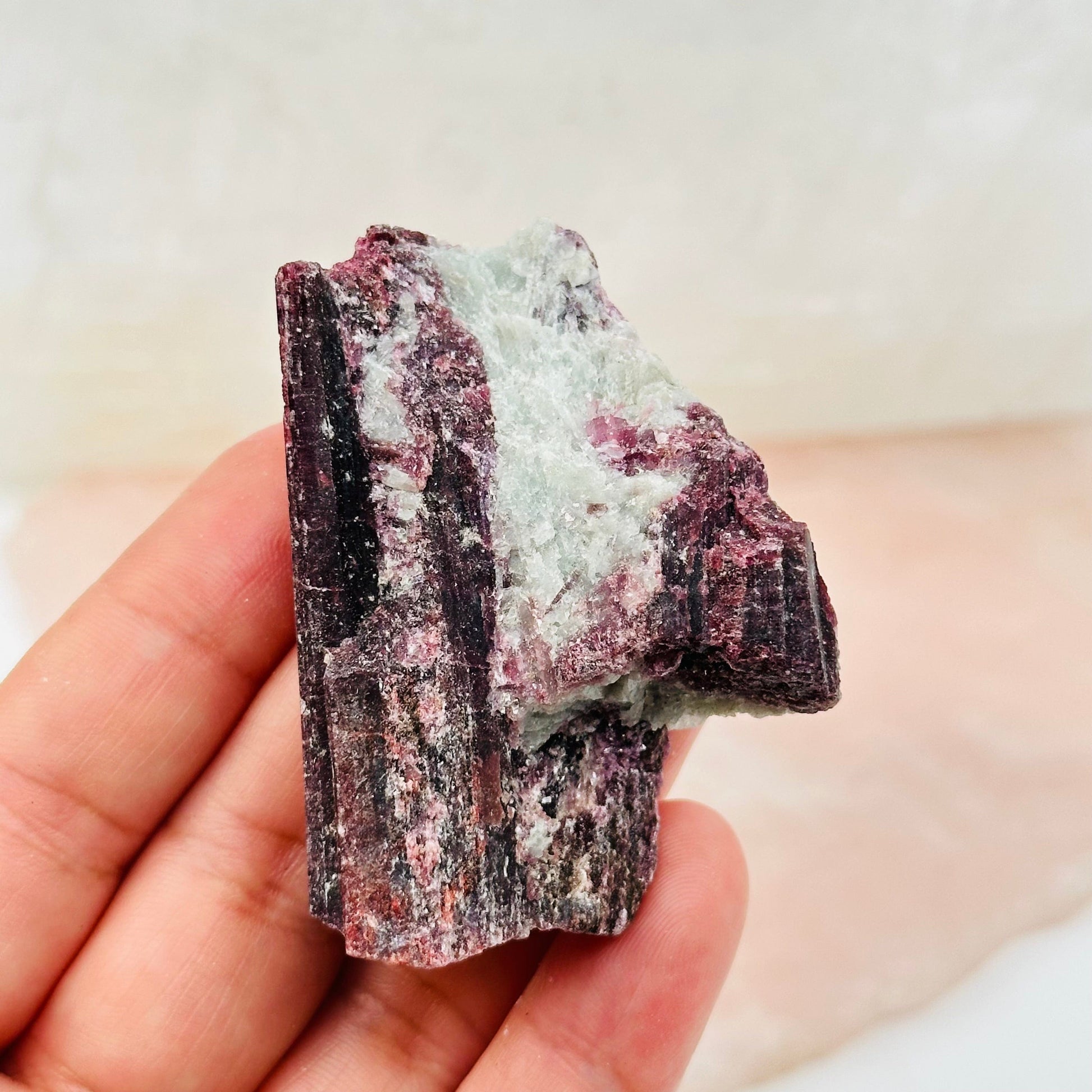 close up of the details on this pink tourmaline crystal cluster 