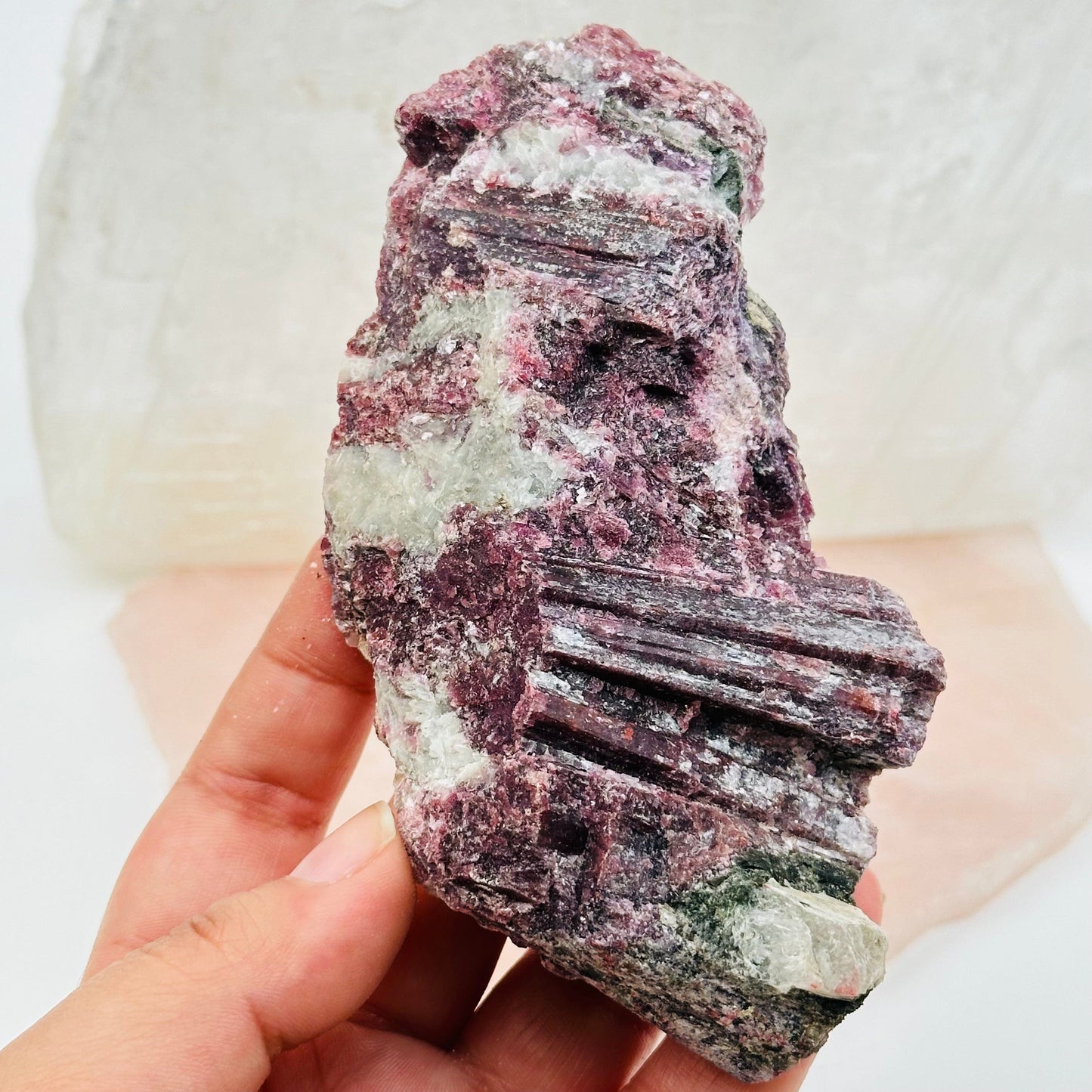 close up of the details on this pink tourmaline crystal cluster 