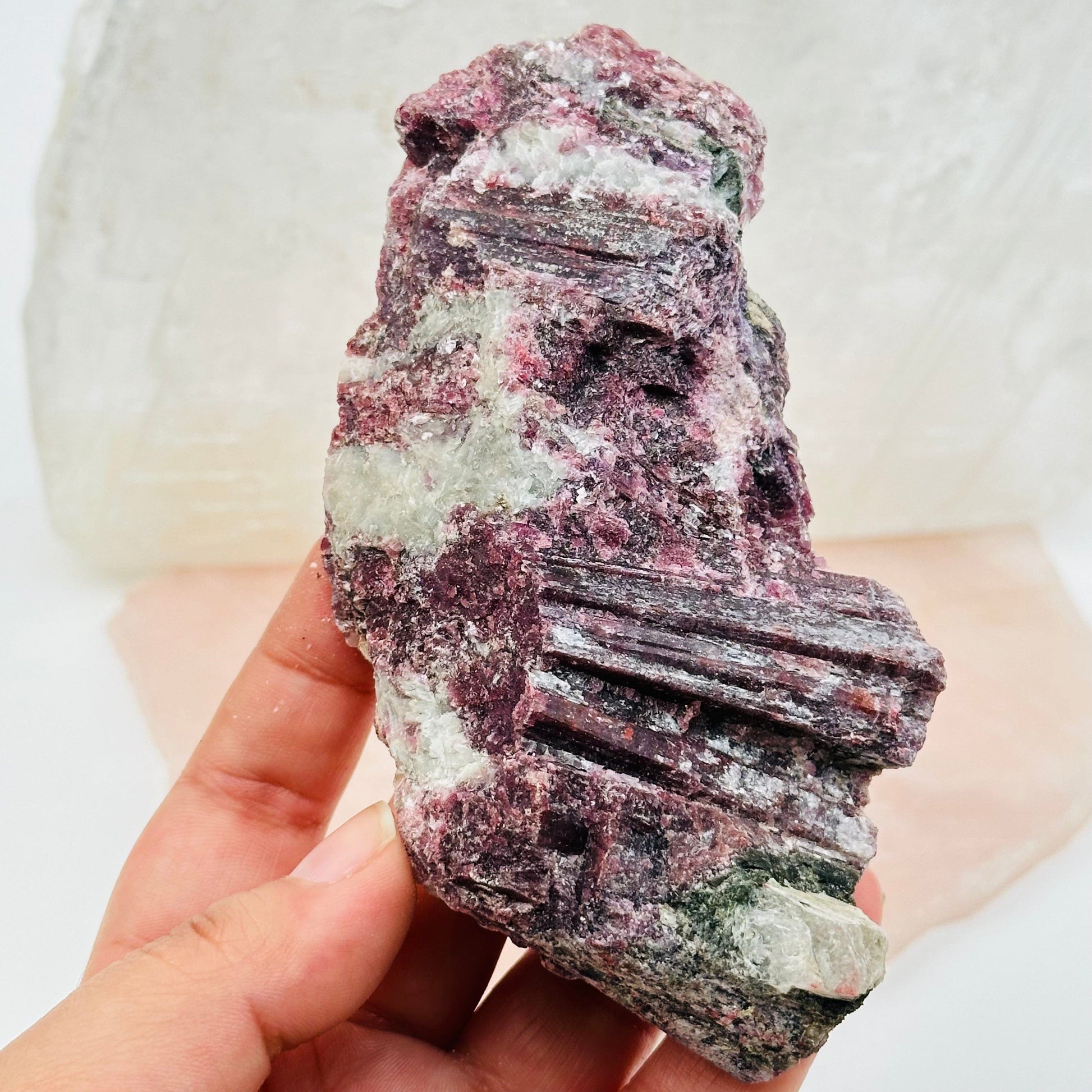 close up of the details on this pink tourmaline crystal cluster 